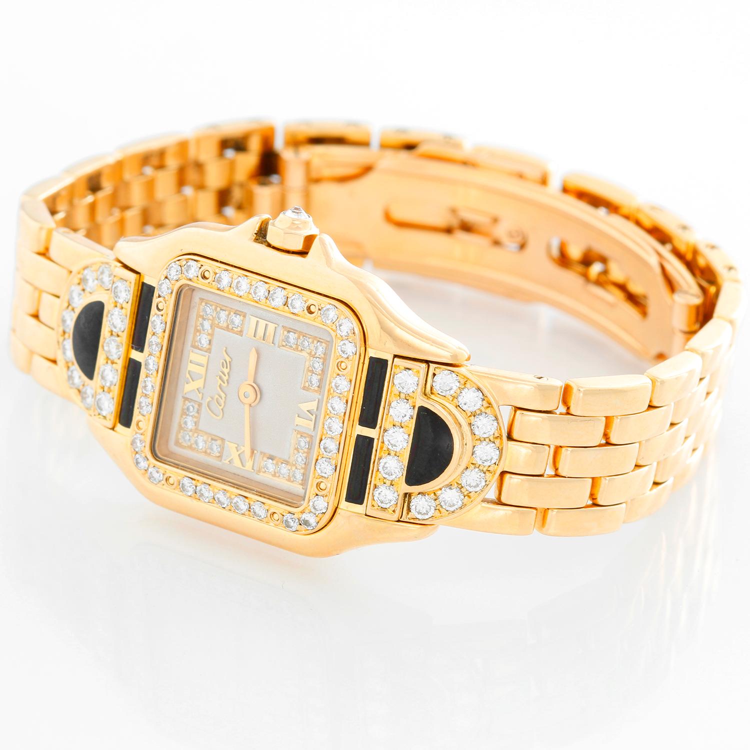 Cartier Panther Ladies 18k Yellow Gold Diamond Watch - Quartz. 18k yellow gold case with factory diamond bezel and lugs with black enamel (21mm x 30mm). Creme colored dial with diamonds and raised Roman numerals. 18k yellow gold Panther bracelet.