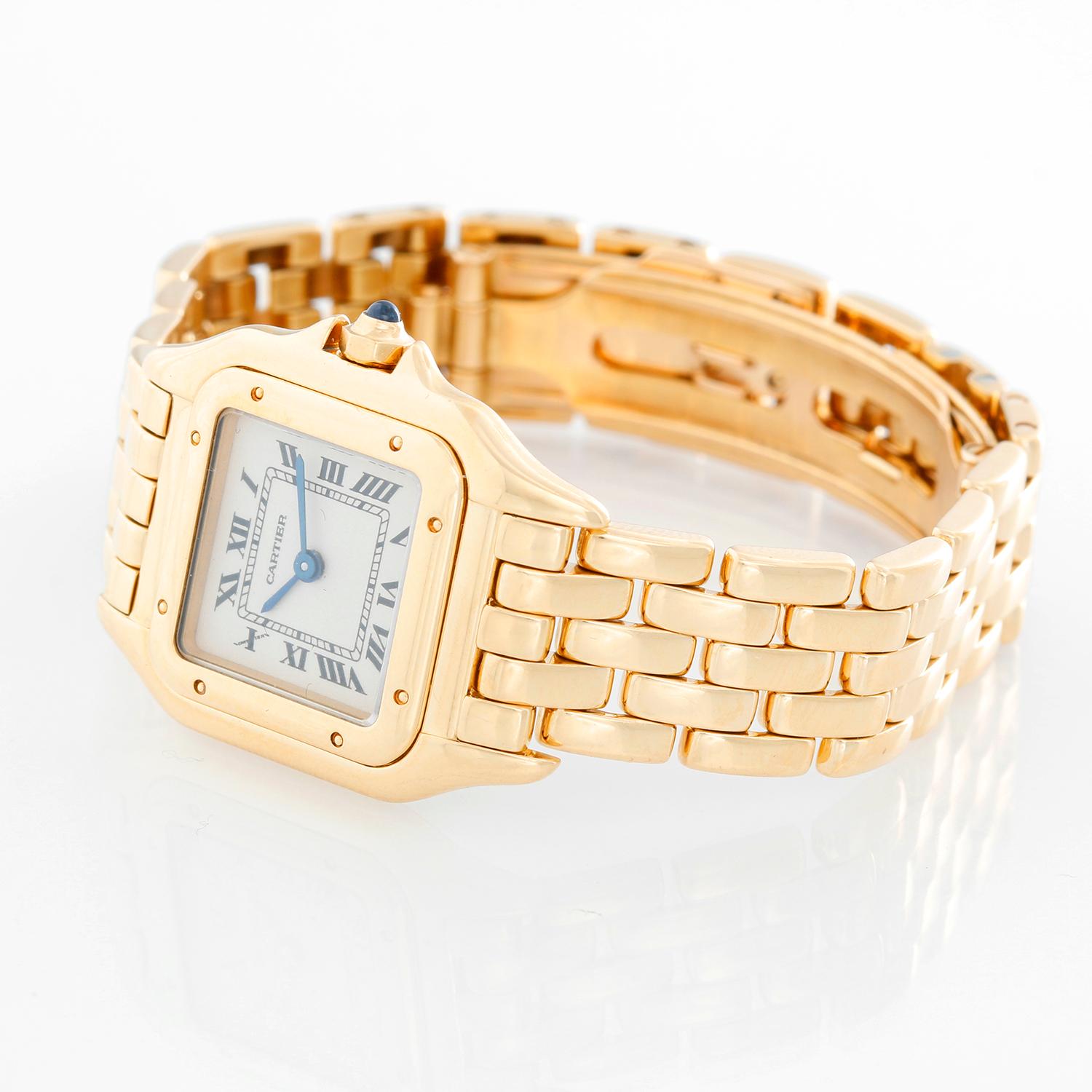 Cartier Panther Ladies 18k Yellow Gold Panthere Watch W25022B9 - Quartz. 18k yellow gold case (21mm x 30mm). Ivory colored dial with black Roman numerals. 18k yellow gold Panther bracelet. Pre-owned with custom box .