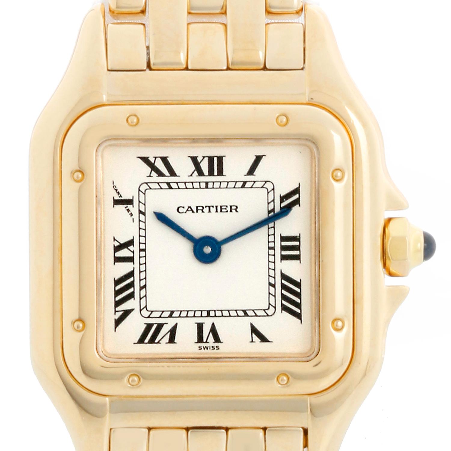 Cartier Panther Ladies 18k Yellow Gold Watch 1070 W25022B9  - Quartz. 18k yellow gold case (22mm x 30mm ). Ivory colored dial with black Roman numerals. Cartier 18K Yellow Gold bracelet; this will fit up to a 6 1/4 inch wrist but can be sized larger