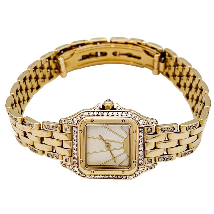 Cartier Panther Ladies 18k Yellow Gold Watch set with diamonds.
18k yellow gold case (21 mm x 30 mm) set with diamonds; Diamond crown. 
Mother of Pearl Sunrise Dial. 
18k yellow gold Panther bracelet partially set with single-cut diamonds.
Quartz