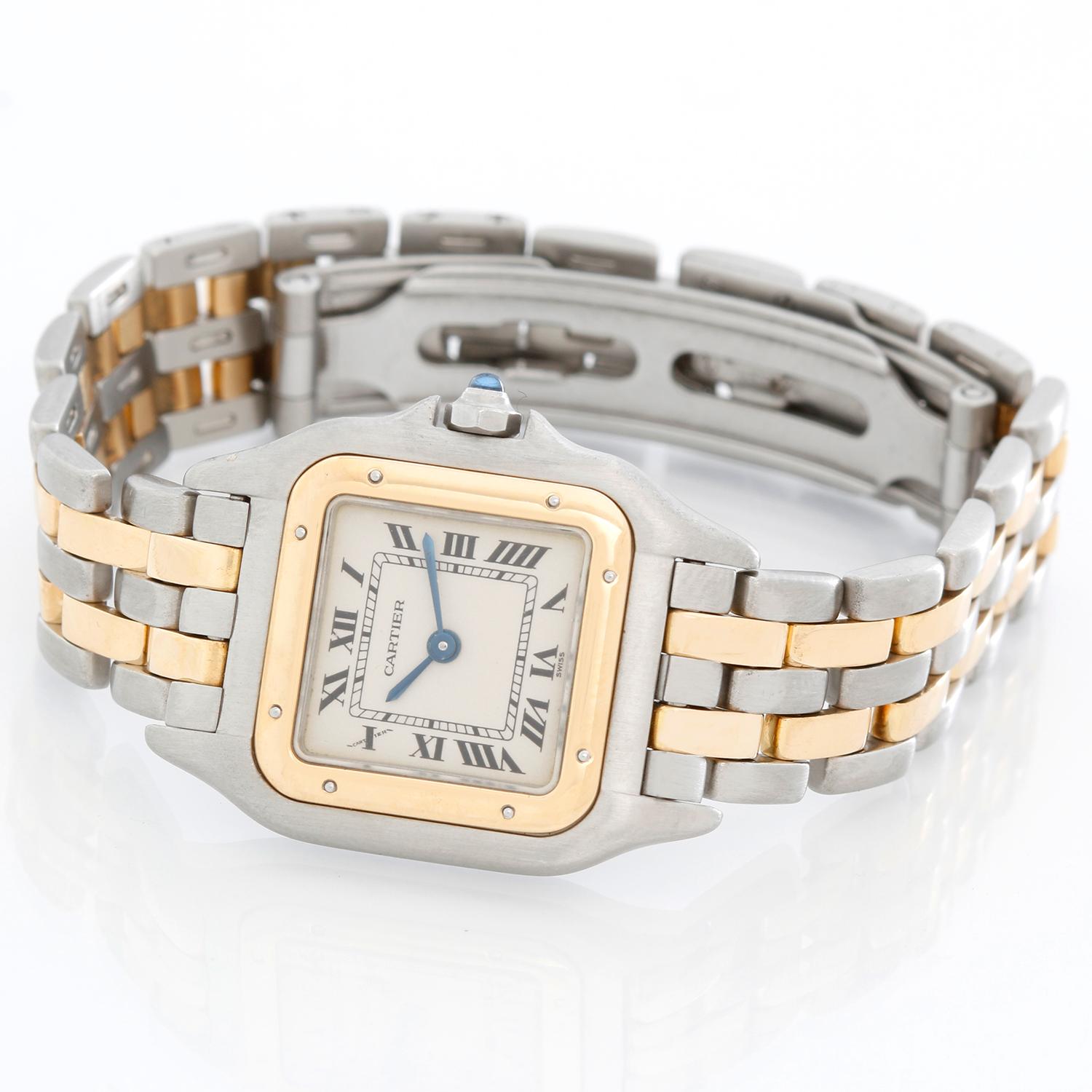 Cartier Panther Ladies 2-Tone 2-Row Steel & Gold Watch W25029B6 -  Quartz. Stainless steel case with 18k yellow gold bezel (21mm x 30mm). Ivory colored dial with black Roman numerals. Stainless steel and 2-row 18k yellow gold Panthere bracelet.