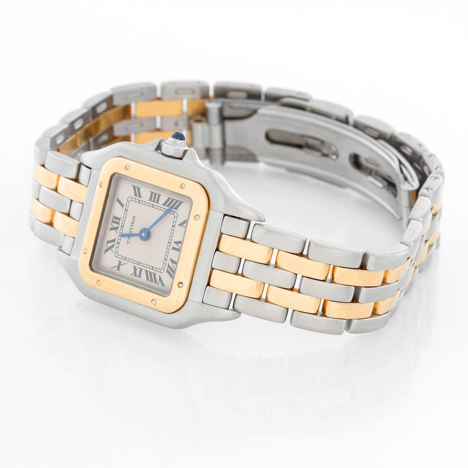 Cartier Panther Ladies 2-Tone 2-Row Steel & Gold Watch W25029B6 -  Quartz. Stainless steel case with 18k yellow gold bezel (21mm x 30mm). Ivory colored dial with black Roman numerals. Stainless steel and 2-row 18k yellow gold Panthere bracelet.