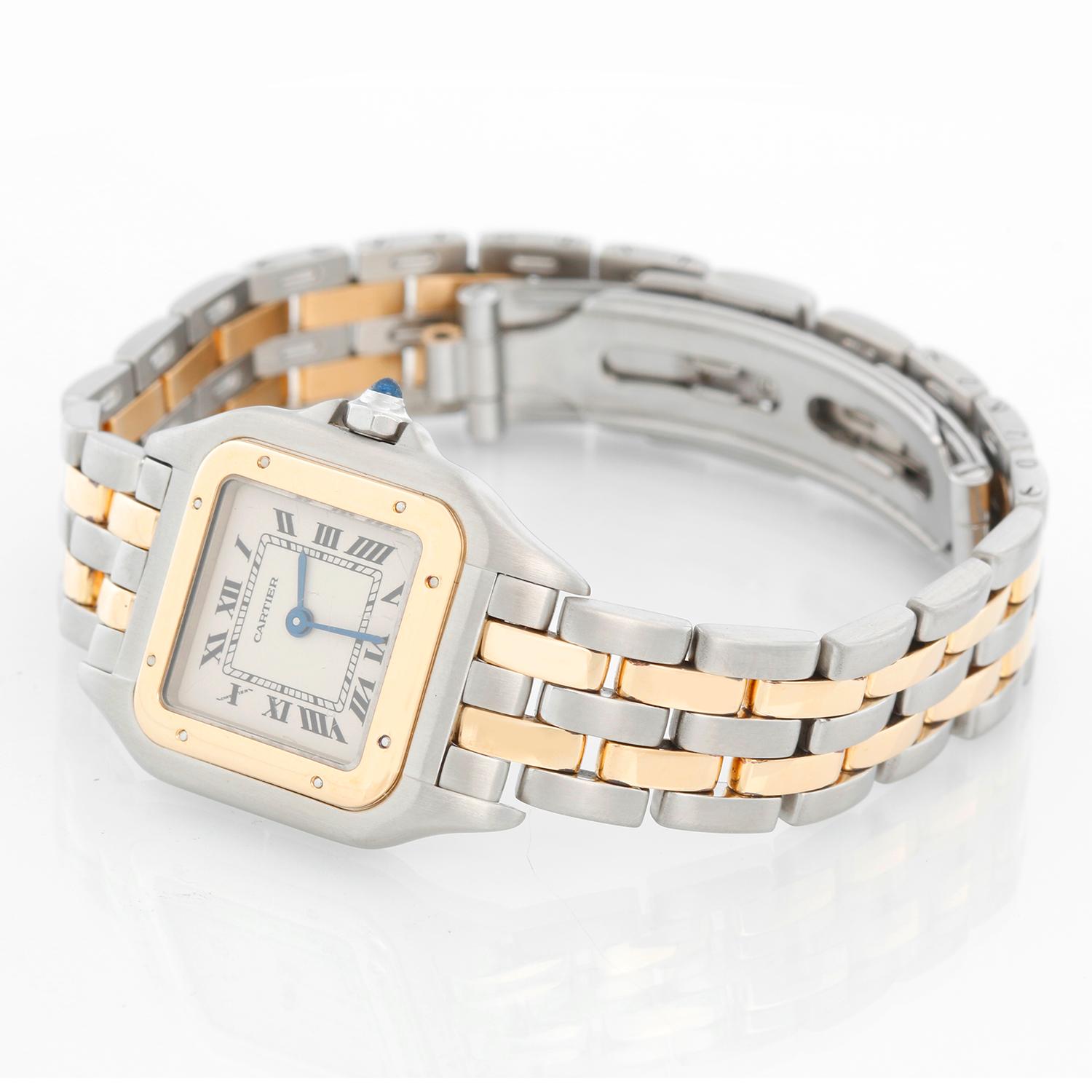 Cartier Panther Ladies 2-Tone 2-Row Steel & Gold Watch W25029B6 -  Quartz. Stainless steel case with 18k yellow gold bezel (21mm x 30mm). Ivory colored dial with black Roman numerals. Stainless steel and 2-row 18k yellow gold Panthere bracelet.