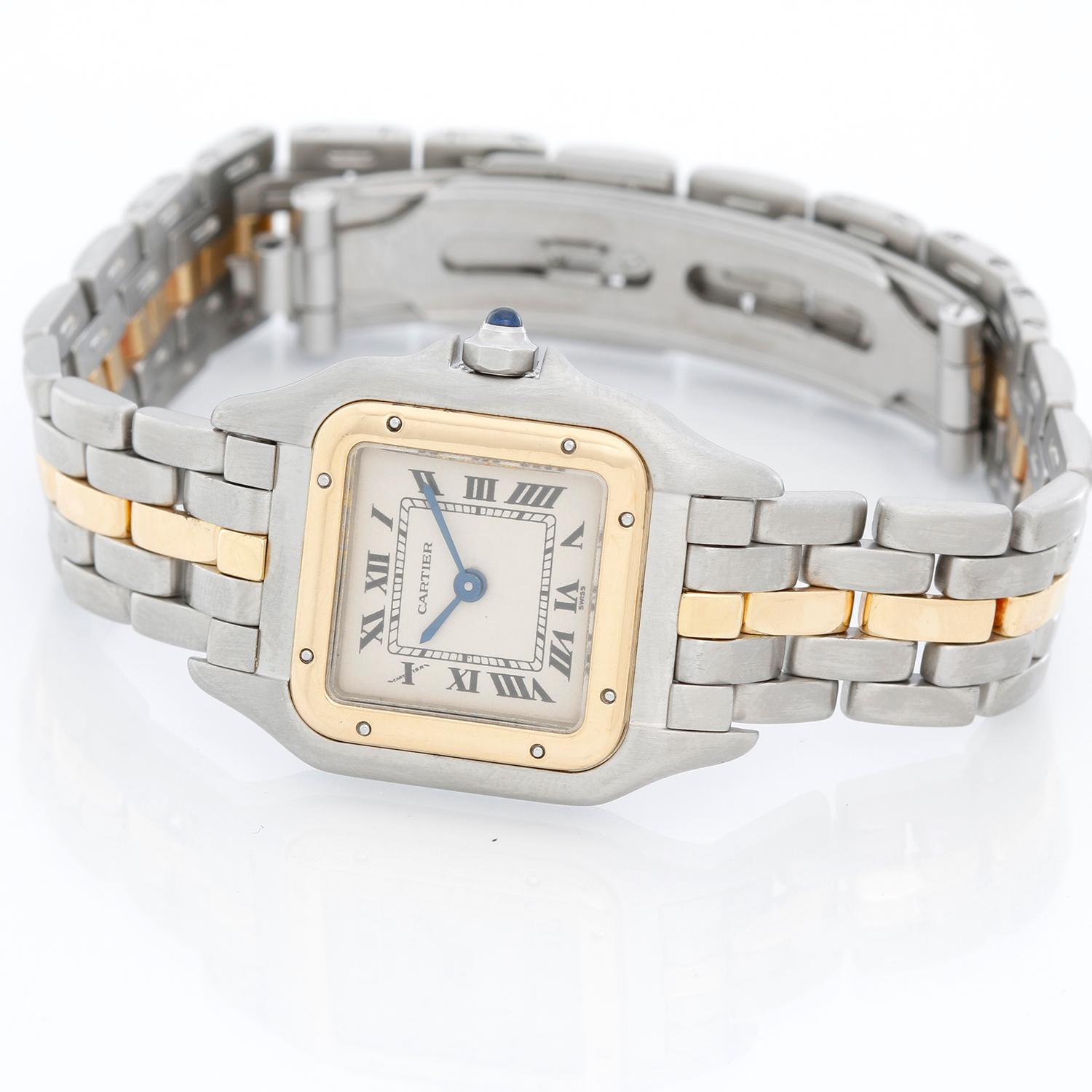 Cartier Panther Ladies 2-Tone Steel & Gold Panthere Watch -  Quartz. Stainless steel case with 18k yellow gold bezel (21mm x 30mm). Ivory colored dial with black Roman numerals. Stainless steel Panthere bracelet with 1-row of 18k yellow gold links.