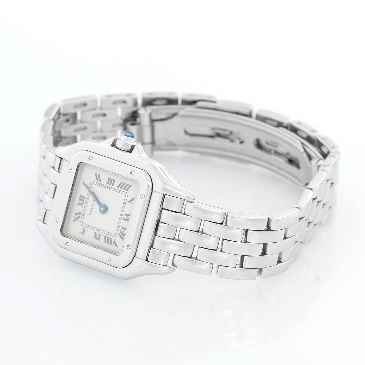 Cartier Panther Ladies Stainless Steel Panthere Watch W25033P5 1320 - Quartz. Stainless steel case (21mm x 30mm). Ivory colored dial with black Roman numerals. Stainless steel Panthere bracelet. Pre-owned with Cartier box and papers .