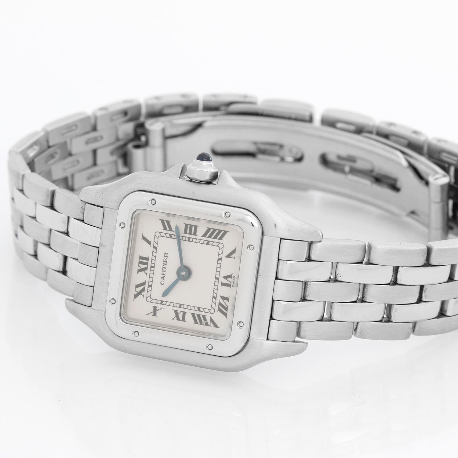Cartier Panther Ladies Stainless Steel Panthere Watch W25033P5 - Quartz. Stainless steel case (21mm x 30mm). Ivory colored dial with black Roman numerals.  Stainless steel Panthere bracelet. Pre-owned with custom box .