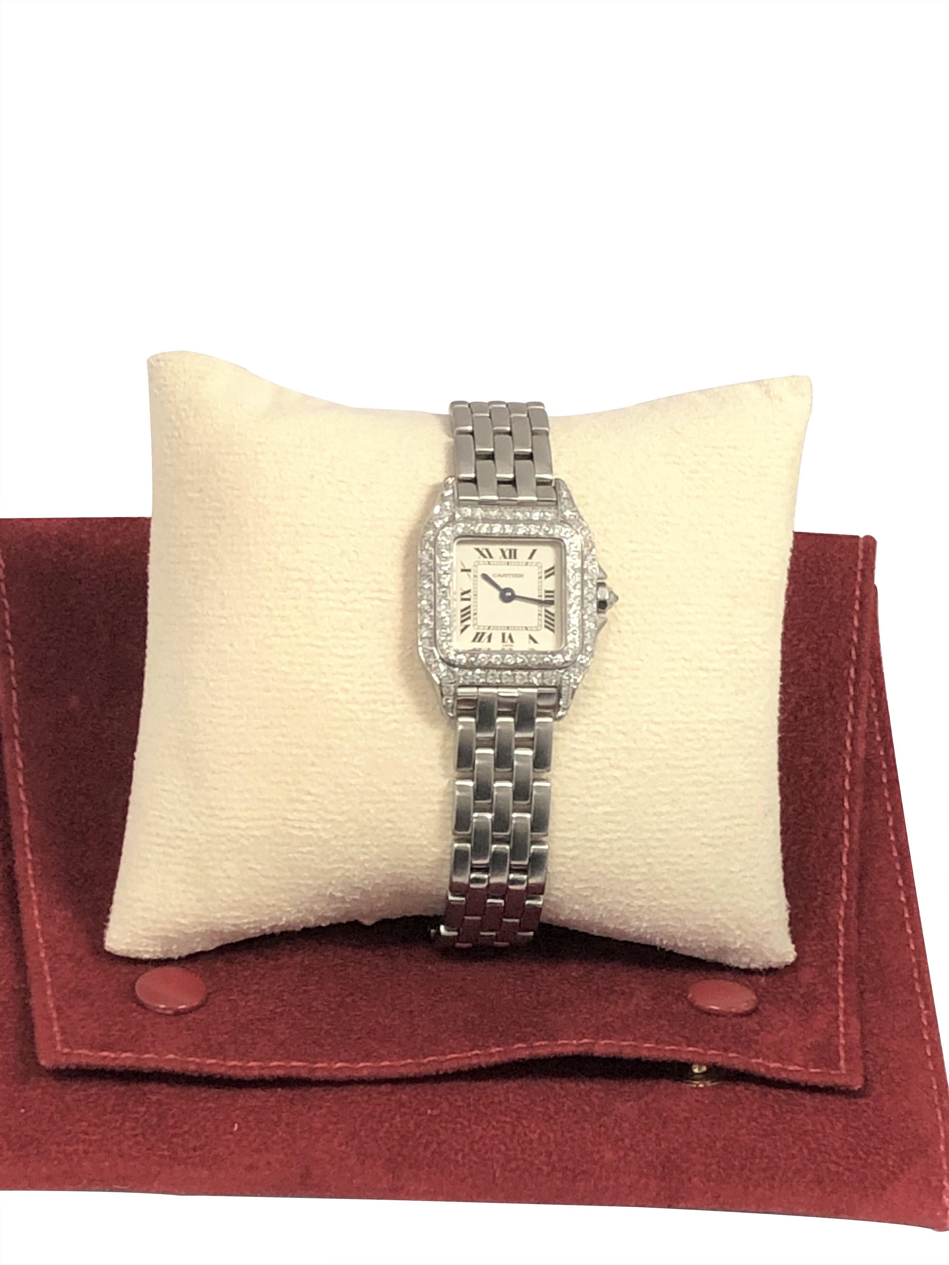 Cartier Panther Damen Quarz-Armbanduhr aus Stahl und Diamanten 2