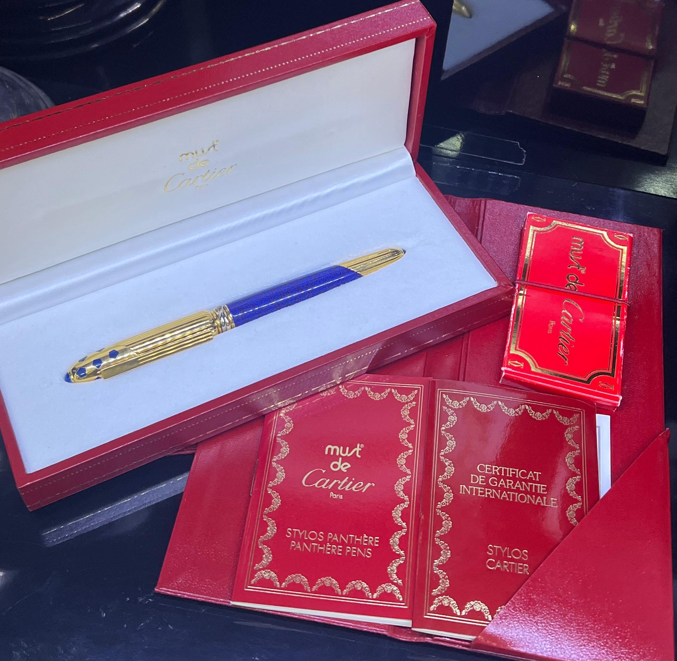 Cartier Panther-Marmorblauer Lack & vergoldeter Brunnenstift 1990 Box & Papiere im Zustand „Hervorragend“ im Angebot in MIAMI, FL