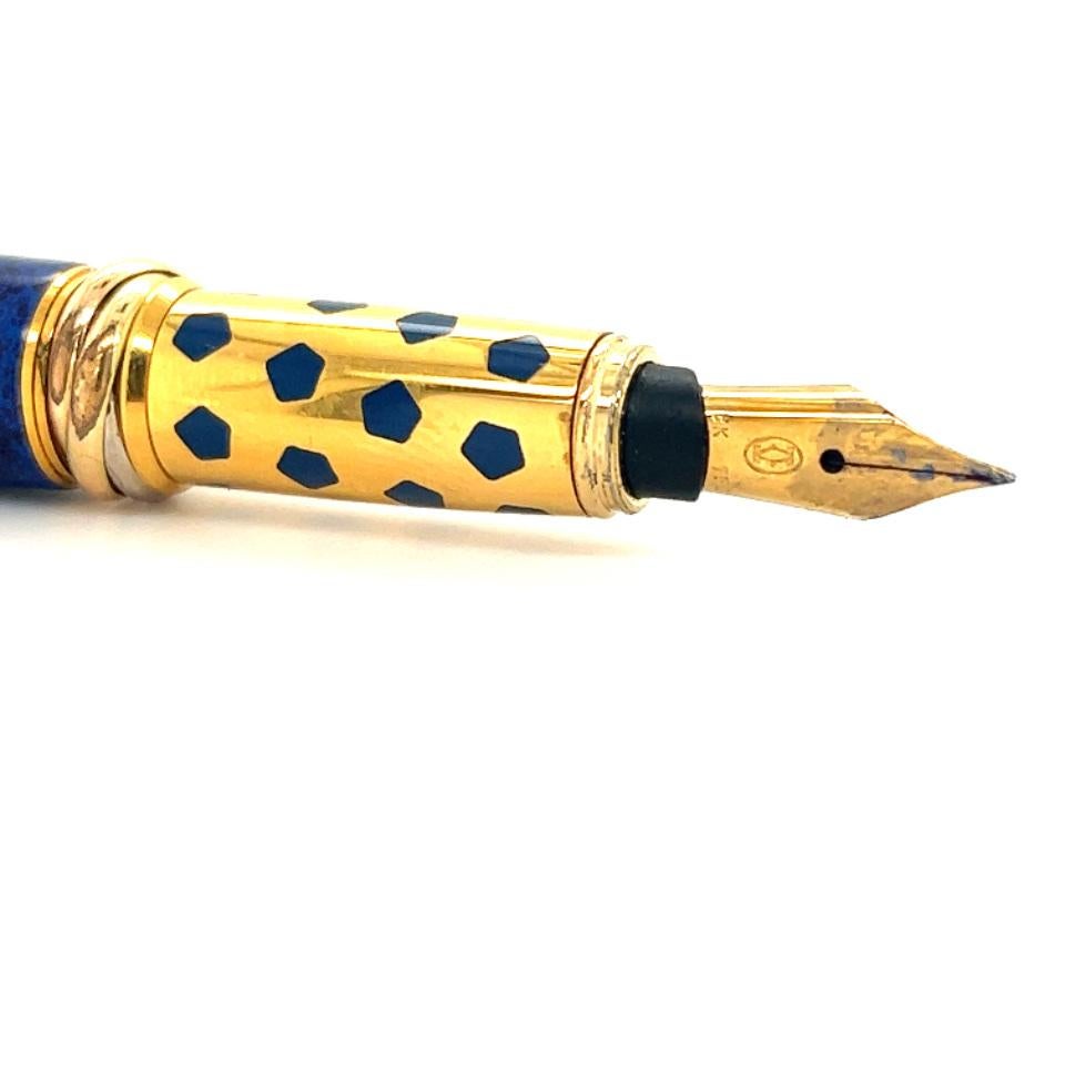 Modern Cartier Panther Marble Blue Lacquer & Gold Plated Fountain Pen 1990 Box & Papers For Sale