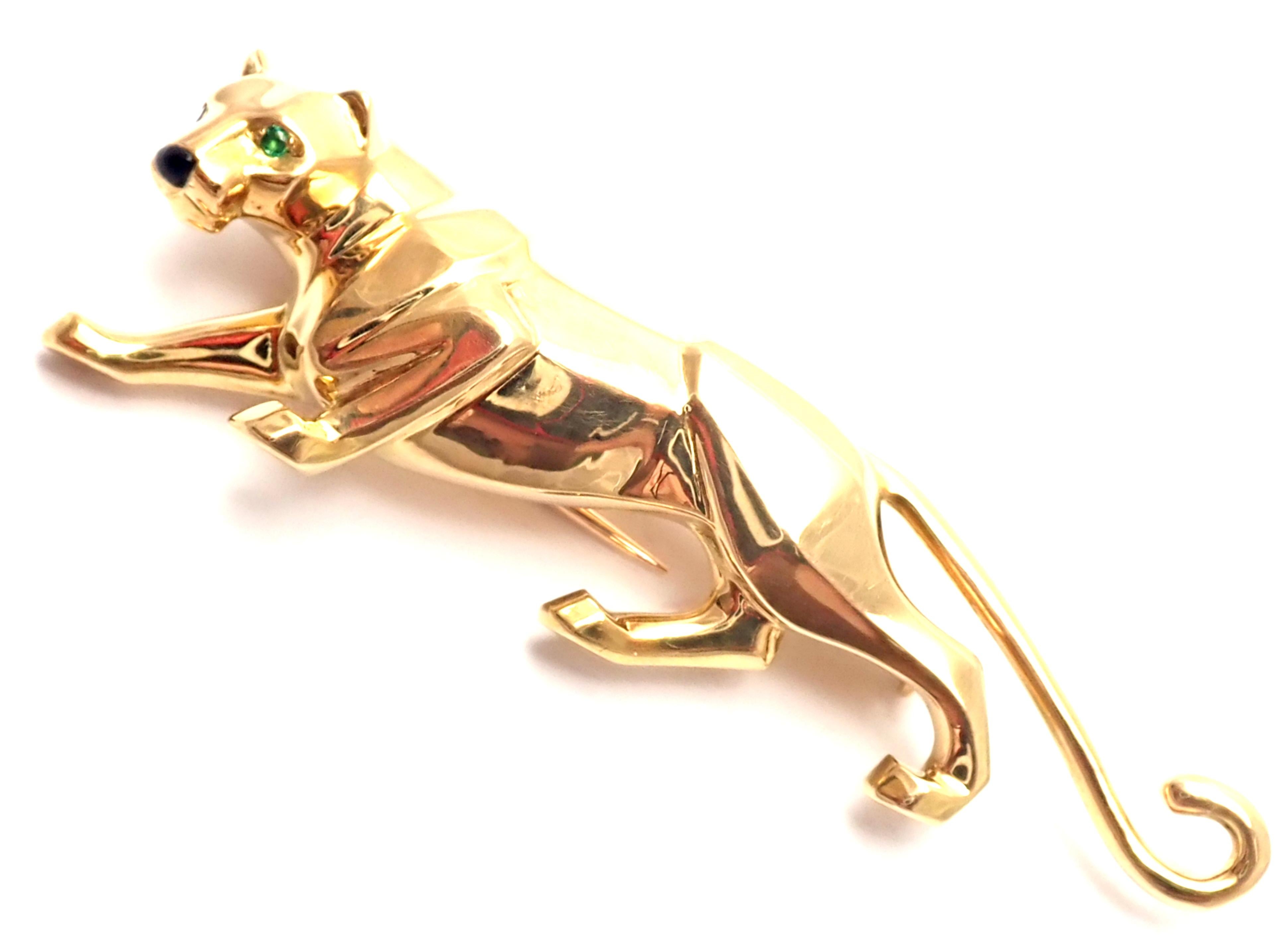 Cartier Panther Onyx Emerald Yellow Gold Pin Brooch 2