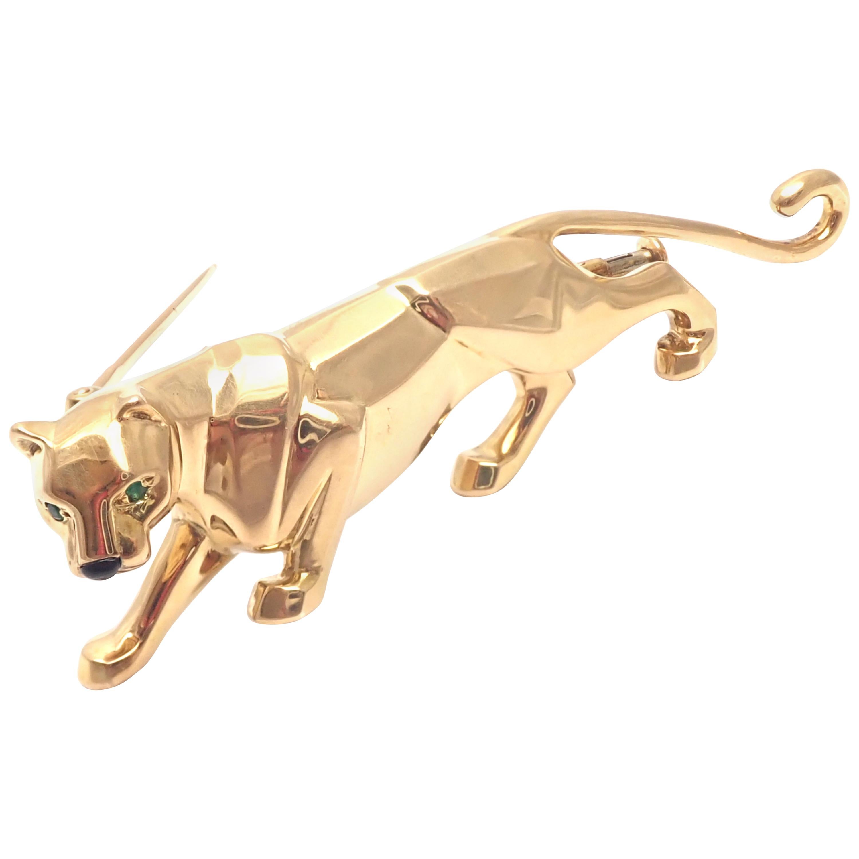 Cartier Panther Onyx Emerald Yellow Gold Pin Brooch