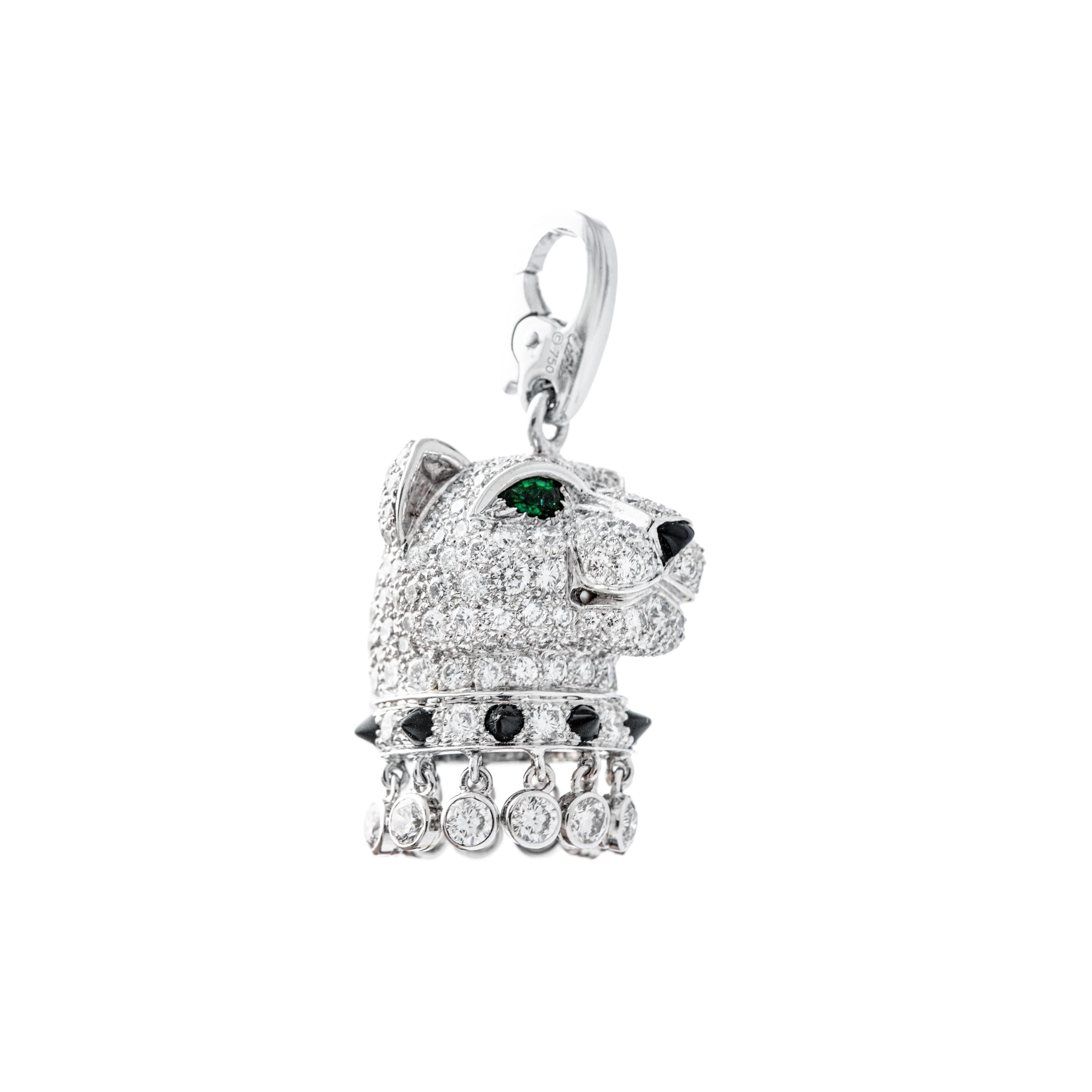 Cartier Panther Diamond Emerald Onyx White Gold 18K Charm Pendant Chain Necklace In Excellent Condition For Sale In Geneva, CH