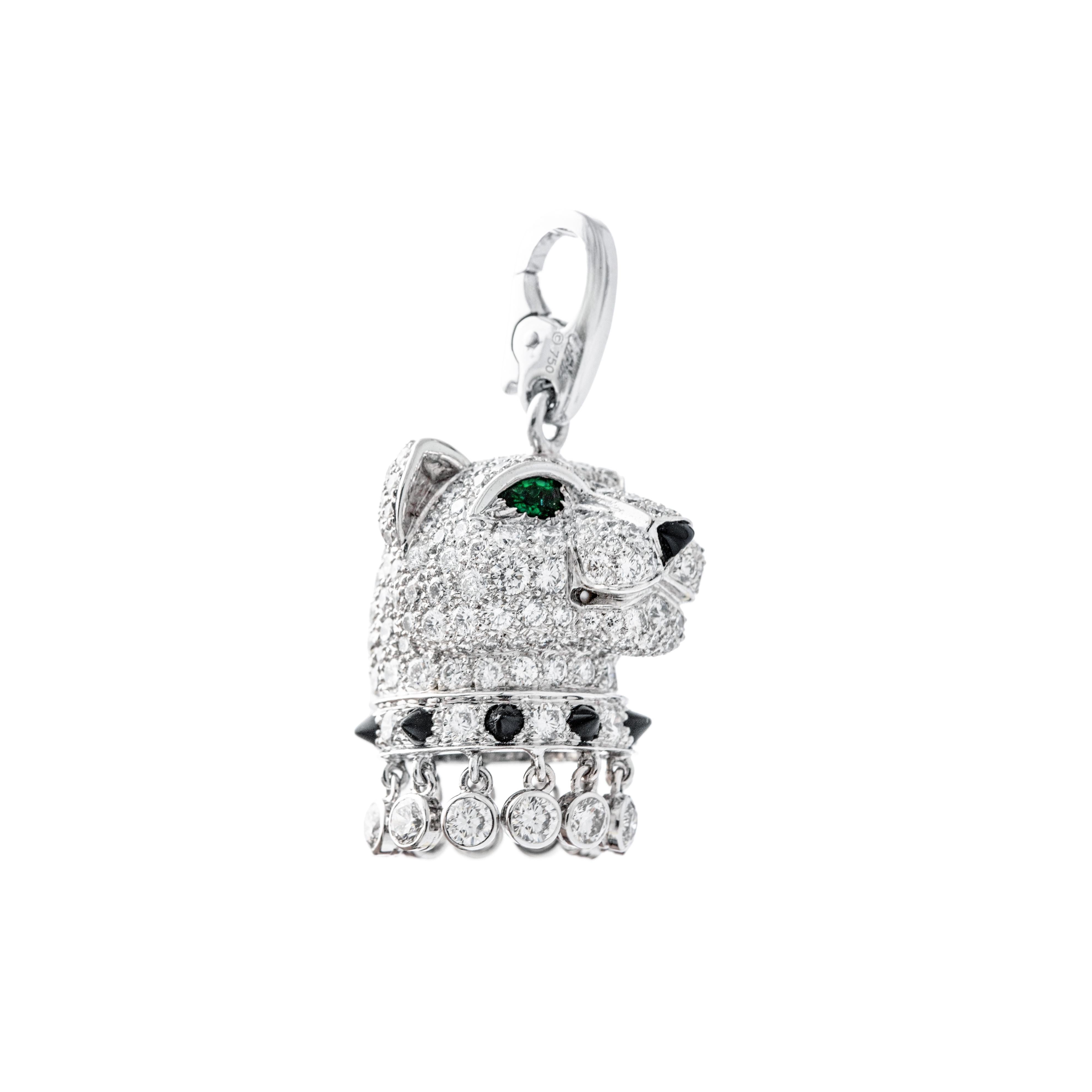 Cartier Halskette mit Anhänger, Panther Diamant Smaragd Onyx Weißgold 18K Charm im Zustand „Hervorragend“ im Angebot in Geneva, CH