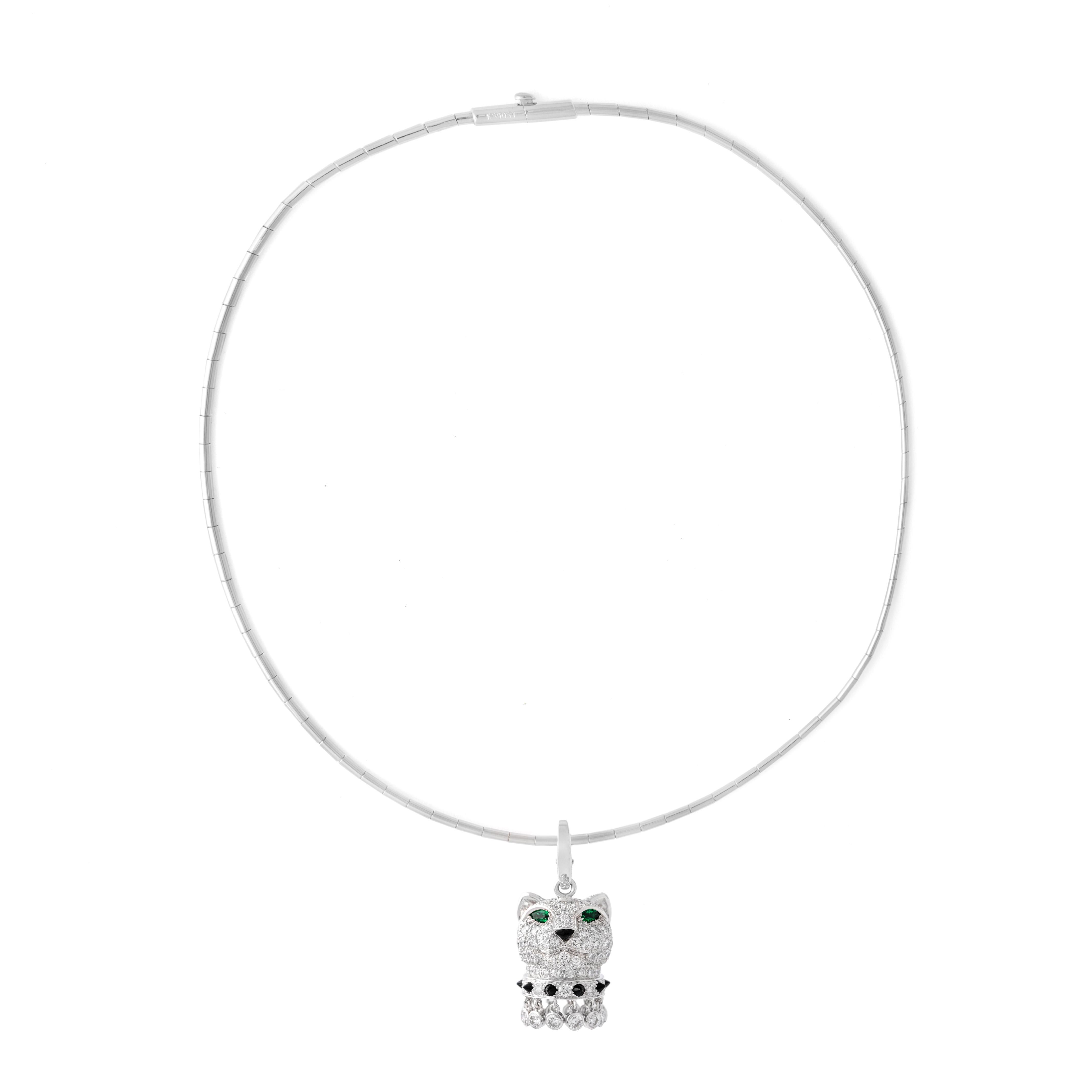 Round Cut Cartier Panther Diamond Emerald Onyx White Gold 18K Pendant