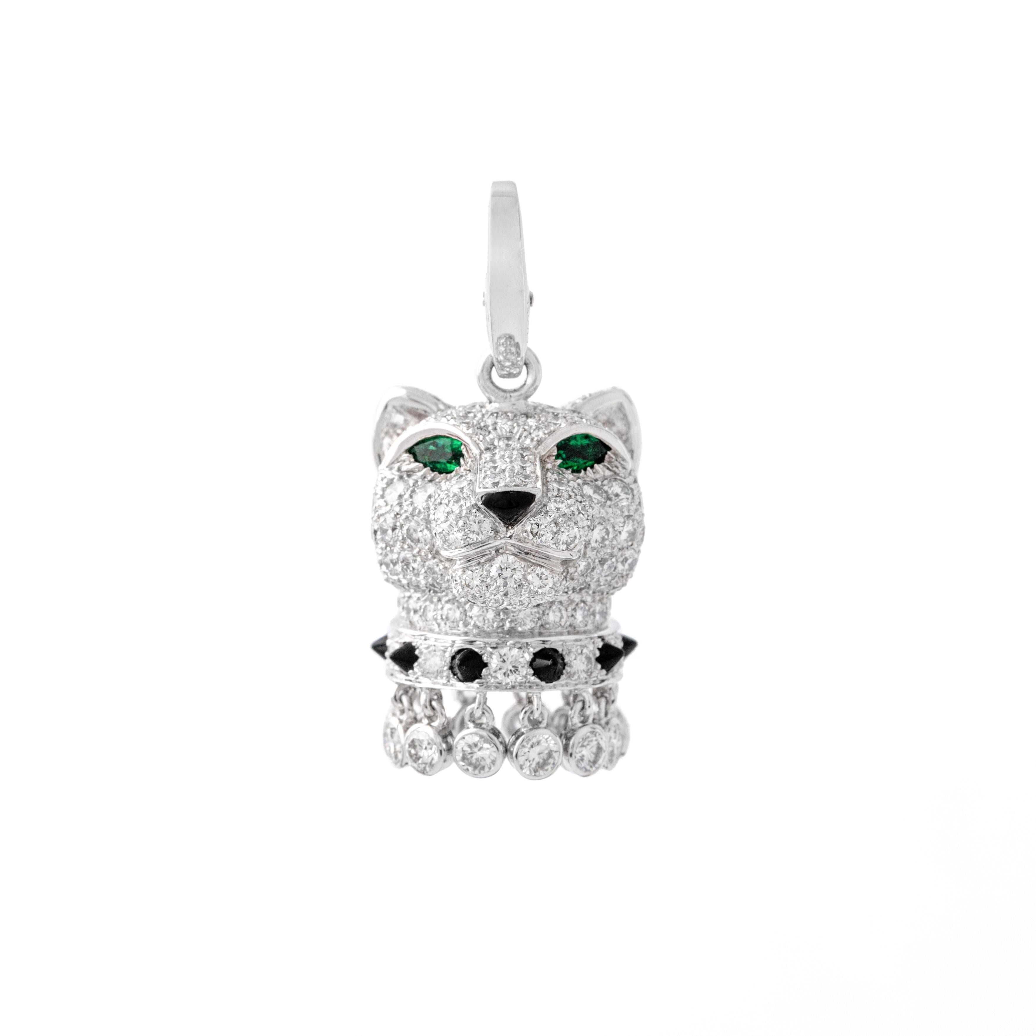 Round Cut Cartier Panther Panthere Diamond Emerald Onyx White Gold 18K Charm Pendant For Sale