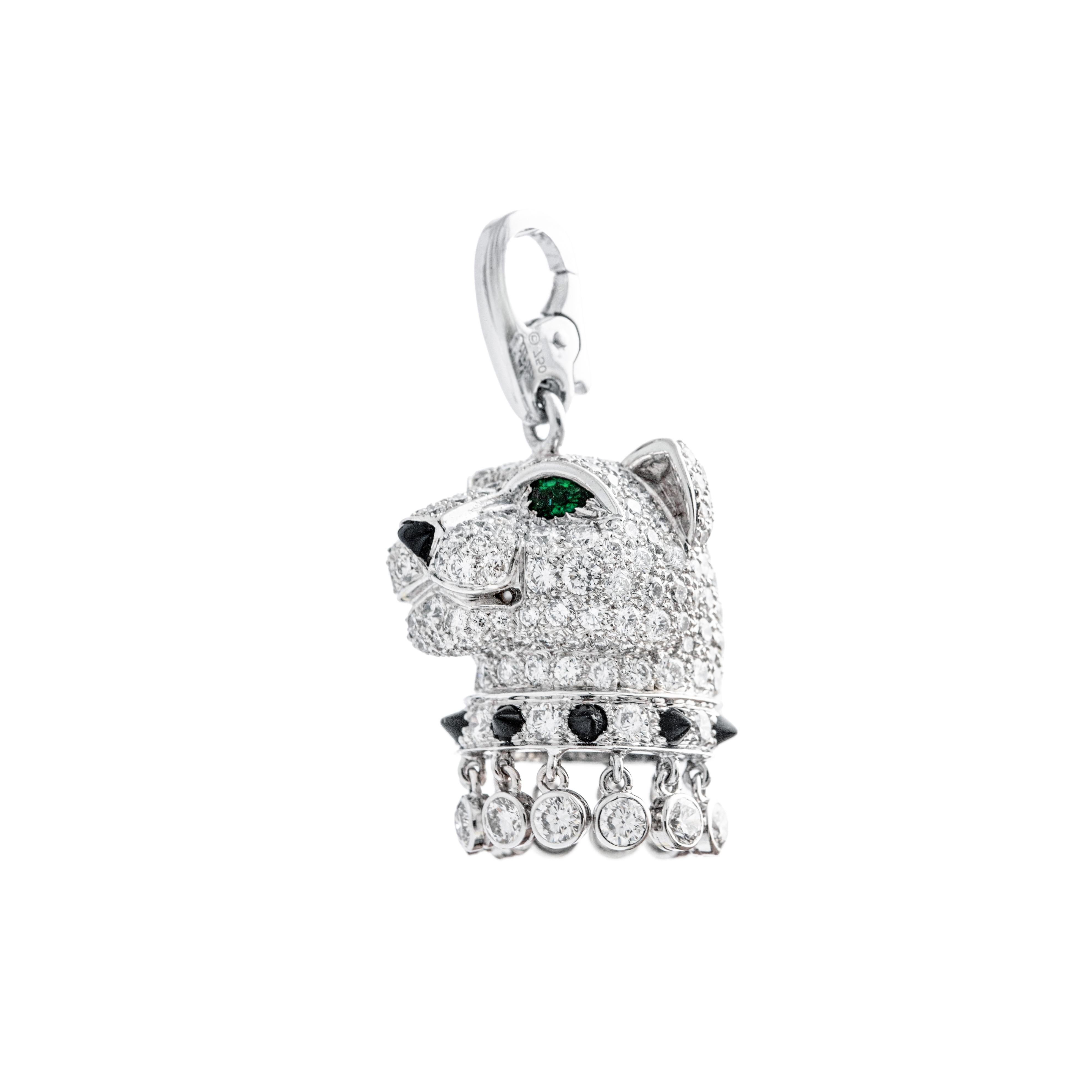 Cartier Panther Diamond Emerald Onyx White Gold 18K Charm Pendant Chain Necklace For Sale 1