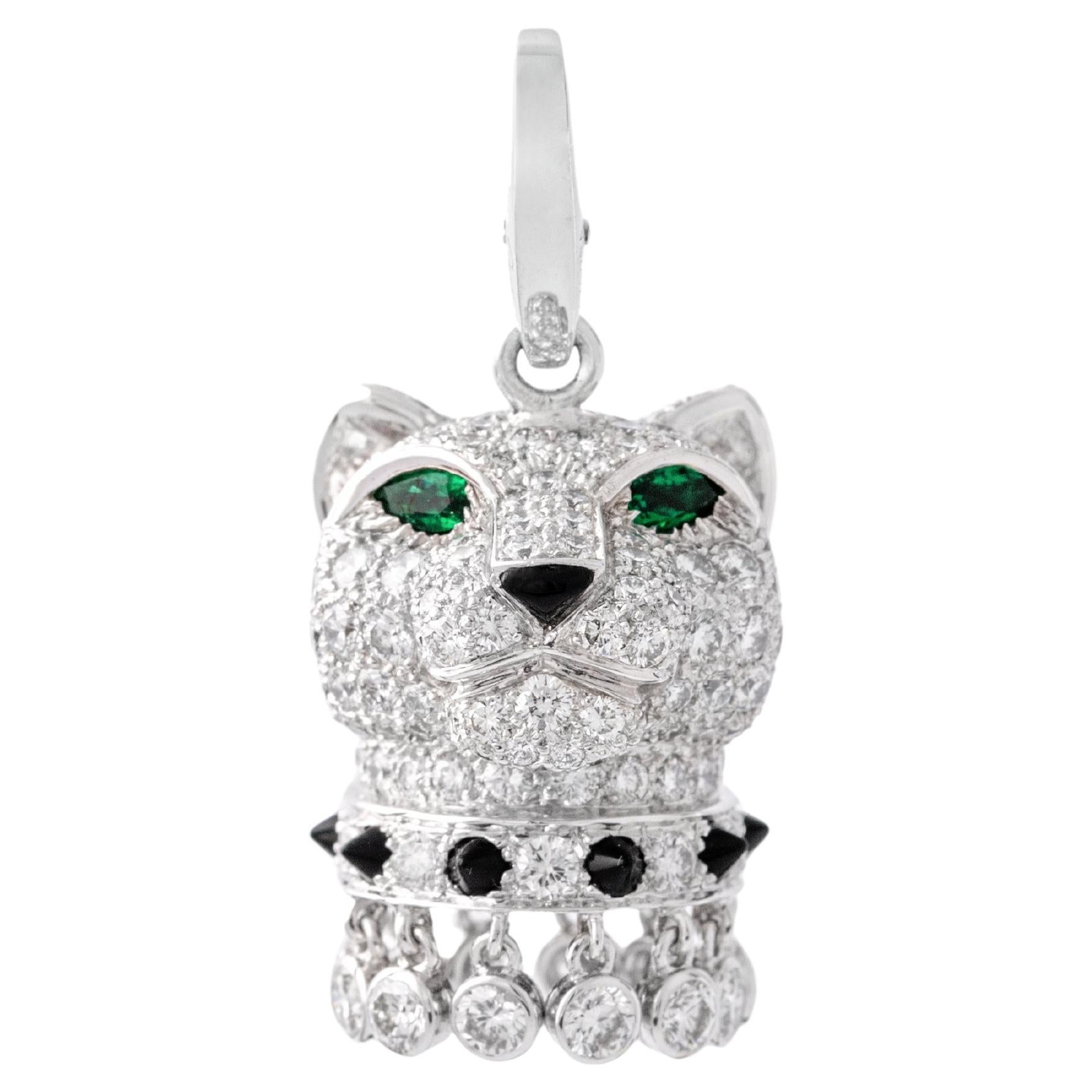 Cartier Panther Panthere Diamond Emerald Onyx White Gold 18K Charm Pendant For Sale