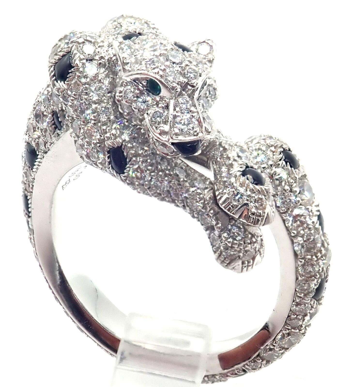 Cartier Weißgoldring, Panther Panthere Diamant Smaragd Onyx Weißgold (Brillantschliff) im Angebot