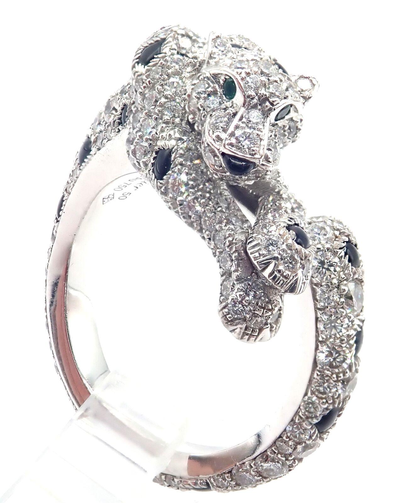 Cartier Panther Panthere Diamond Emerald Onyx White Gold Band Ring For Sale 2