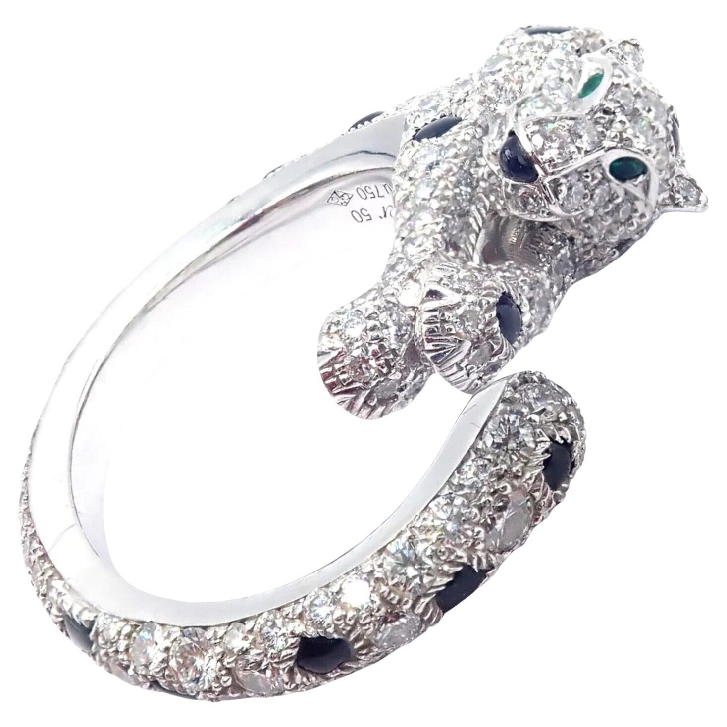 Cartier Weißgoldring, Panther Panthere Diamant Smaragd Onyx Weißgold im Angebot