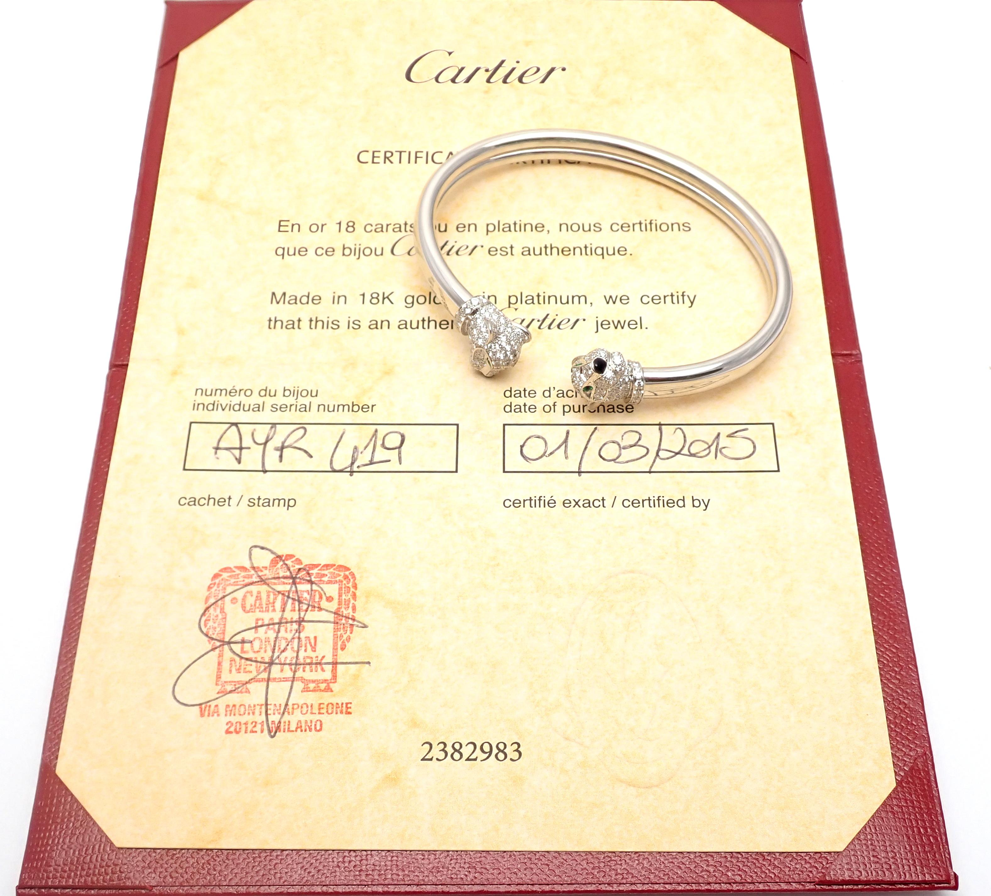 Cartier Panther Panthere Diamond Emerald Onyx White Gold Bangle Bracelet 7