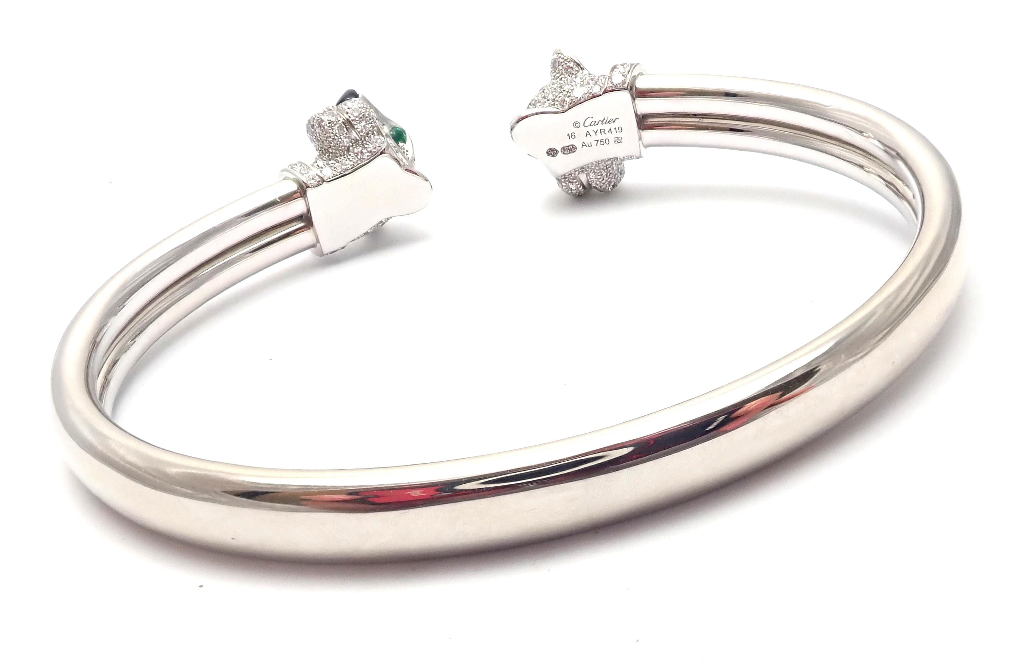 Women's or Men's Cartier Panther Panthere Diamond Emerald Onyx White Gold Bangle Bracelet