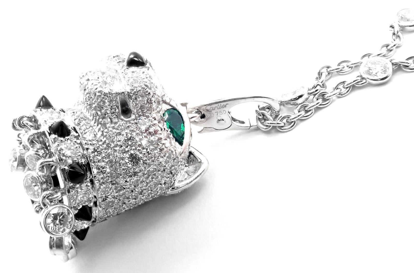 Cartier Panther Panthere Diamond Emerald Onyx White Gold Pendant Necklace For Sale 3