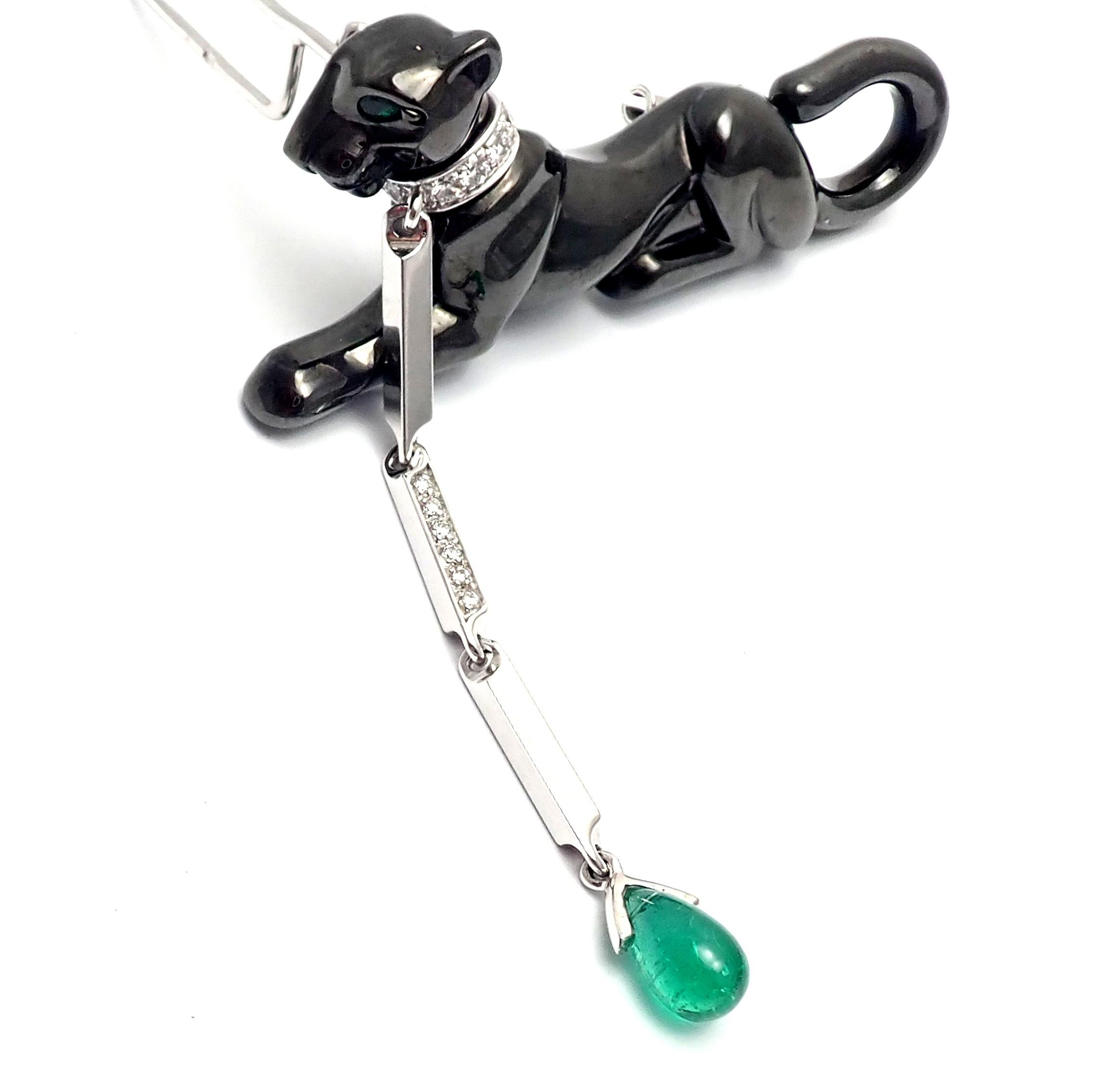 18k White Gold Diamond, Black Onyx nose and Emerald Panther  Pin Brooch by Cartier.  
With 12 round brilliant cut diamonds VVS1 clarity, E color total weight approx. .25ct
Emerald eye and an emerald drop.
This brooch comes with an original Cartier