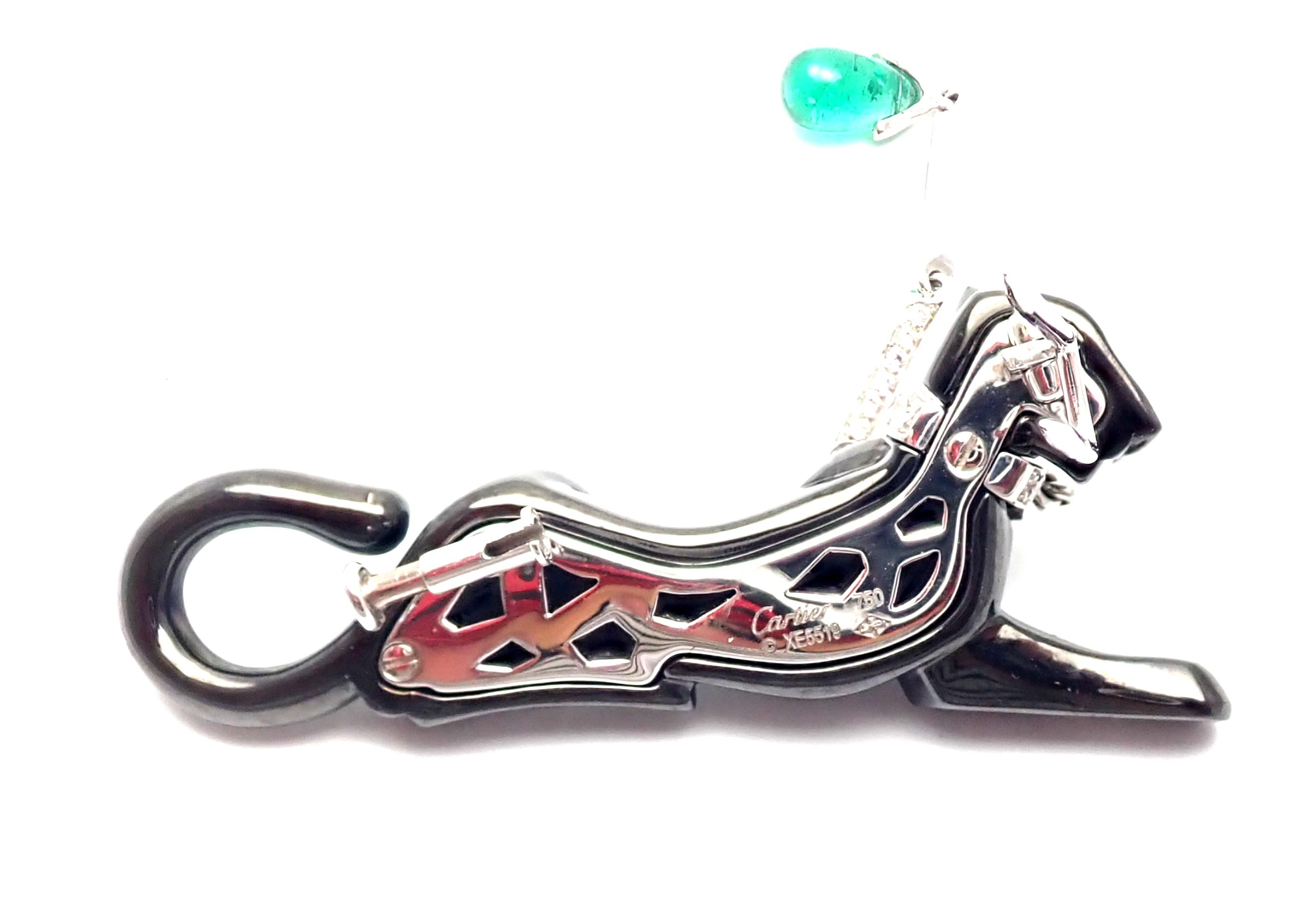 Cartier Panther Panthere Diamond Emerald Onyx White Gold Pin Brooch In Excellent Condition In Holland, PA