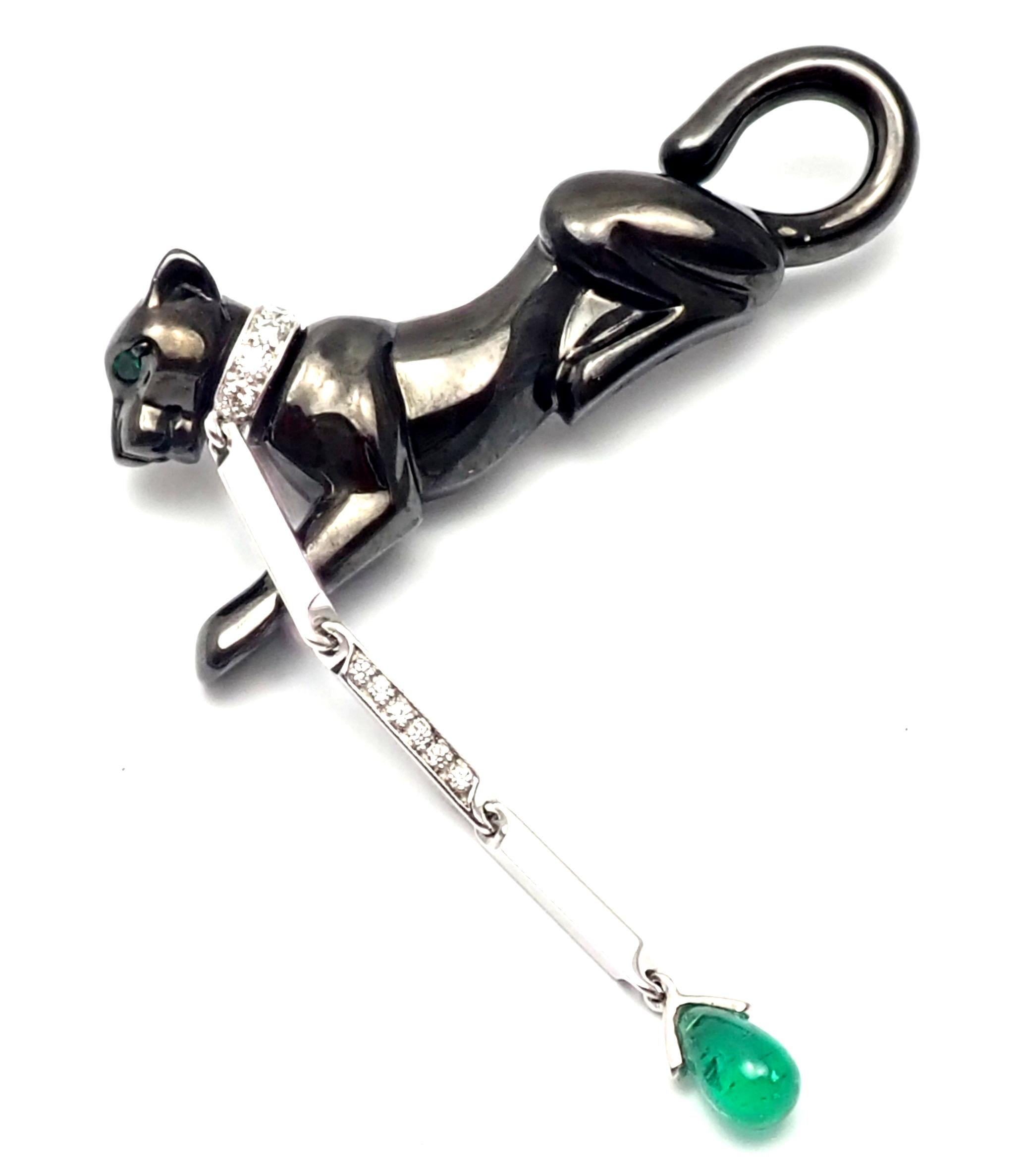 Women's or Men's Cartier Panther Panthere Diamond Emerald Onyx White Gold Pin Brooch
