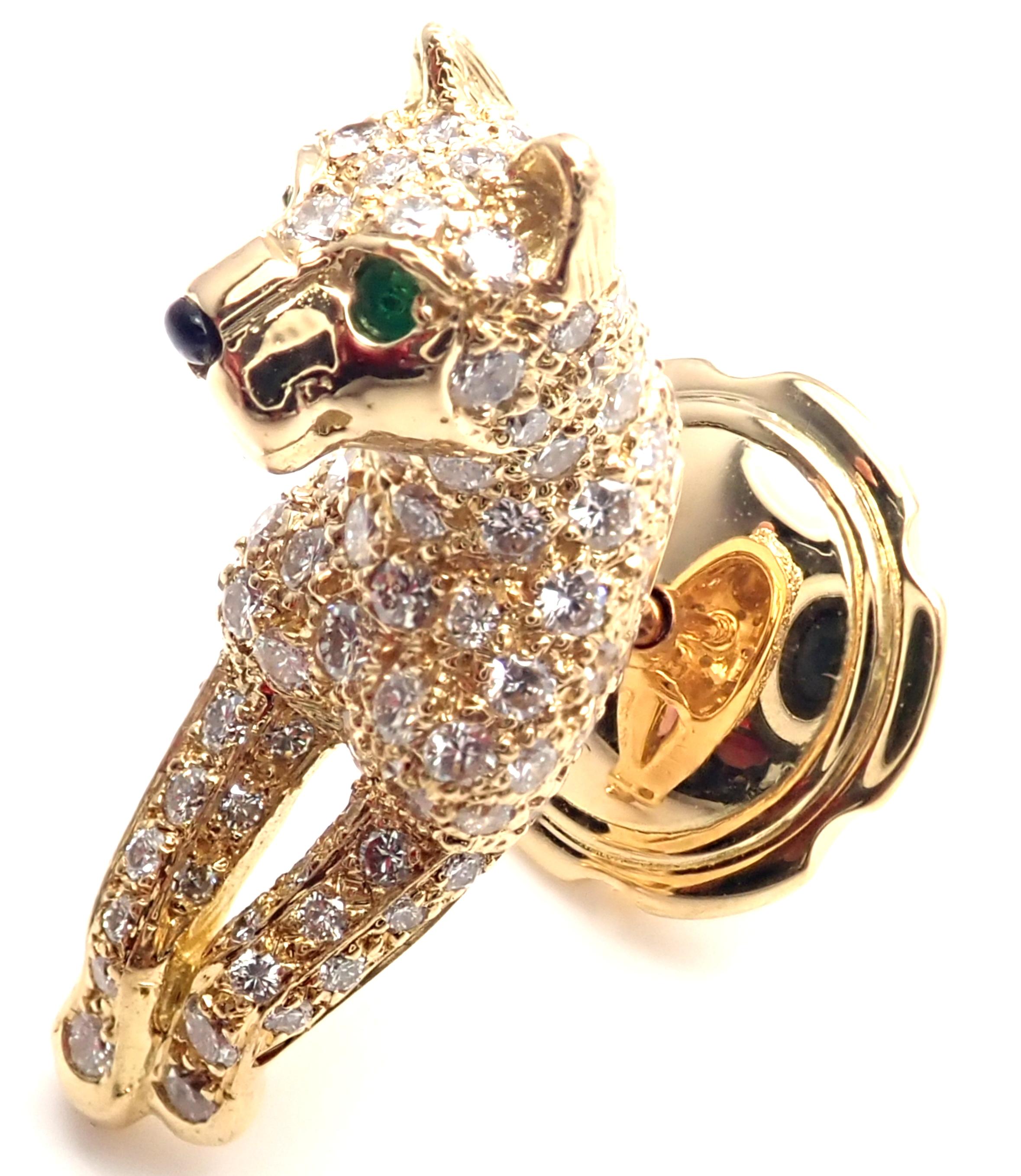 18k Yellow Gold Diamond, Emerald Black Onyx nose Panther Tie Lapel Pin by Cartier. 
With Round brilliant cut diamonds VVS1 clarity, E color 2 small emeralds 1 small onyx 
This pin comes with Cartier box and Cartier service
