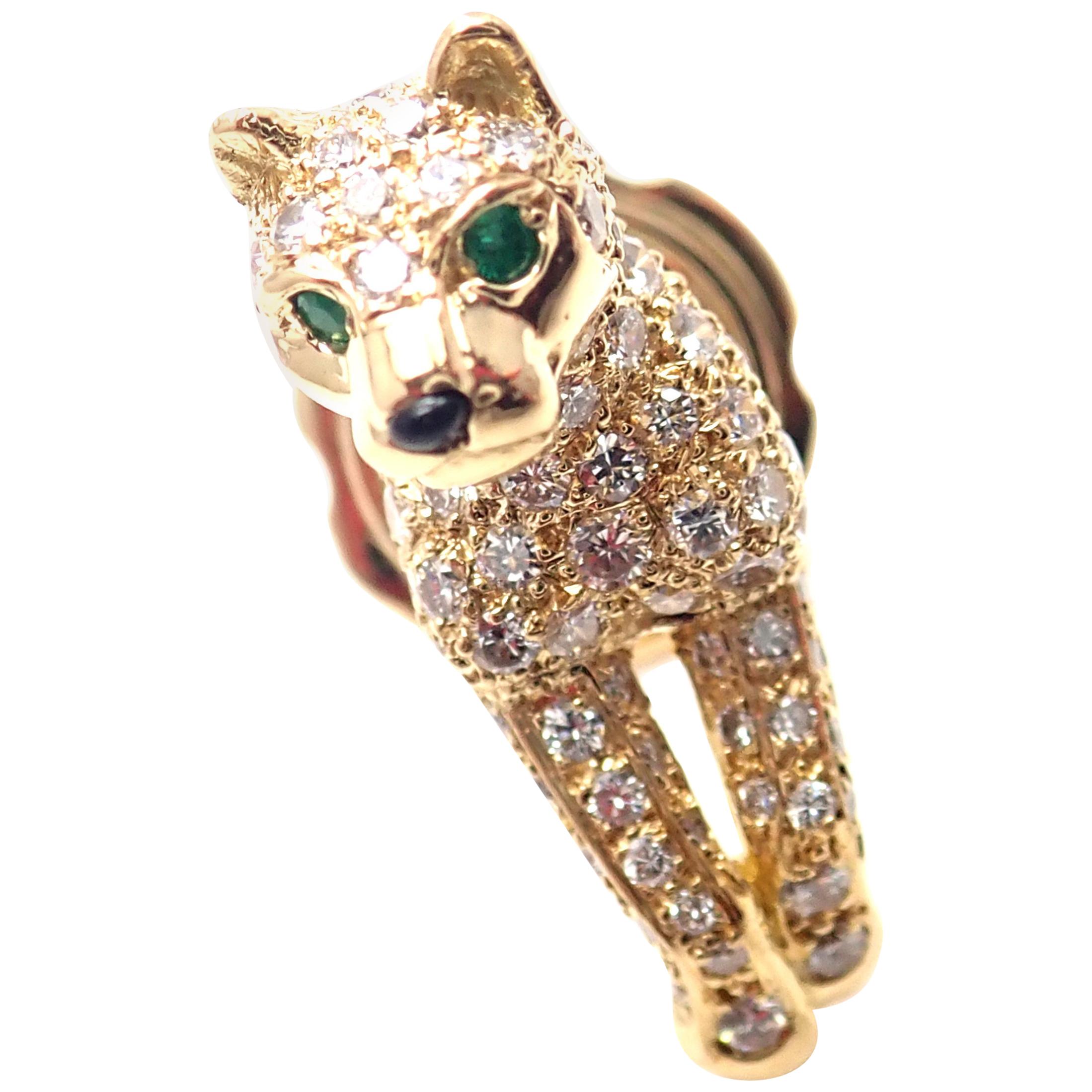 Cartier Panther Panthere Diamond Emerald Yellow Gold Tie Lapel Pin