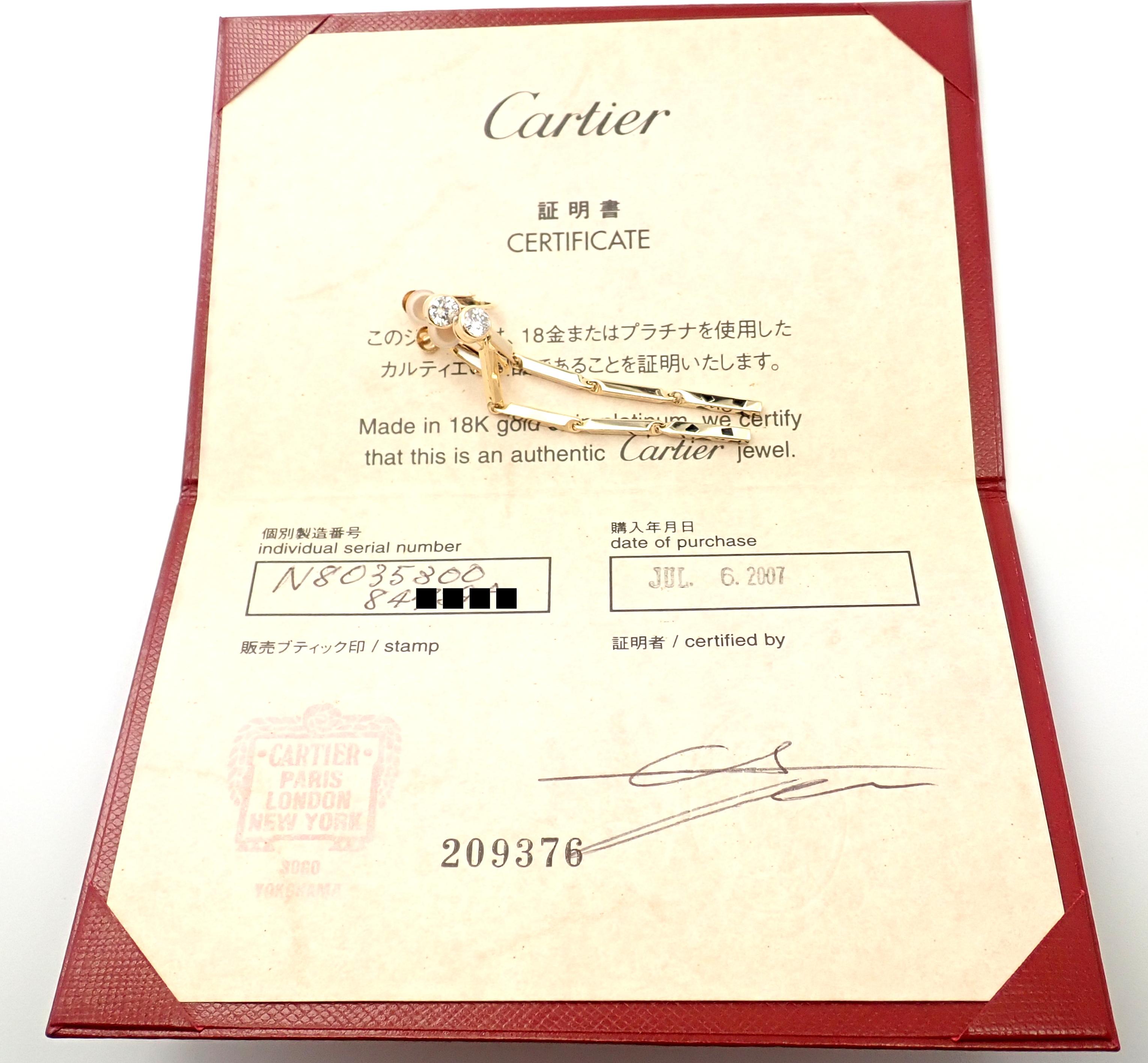 18k Yellow Gold Diamond Lacquer Panther Panthere Link Earrings by Cartier. 
With 2 Round brilliant cut diamonds VVS1 clarity, E color total weight 2/3ct
These earrings come with Cartier certificate of authenticity.
These earrings are for non pierced