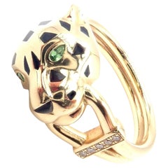 Cartier Panther Panthere Diamond Lacquer Tsavorite Yellow Gold Band Ring