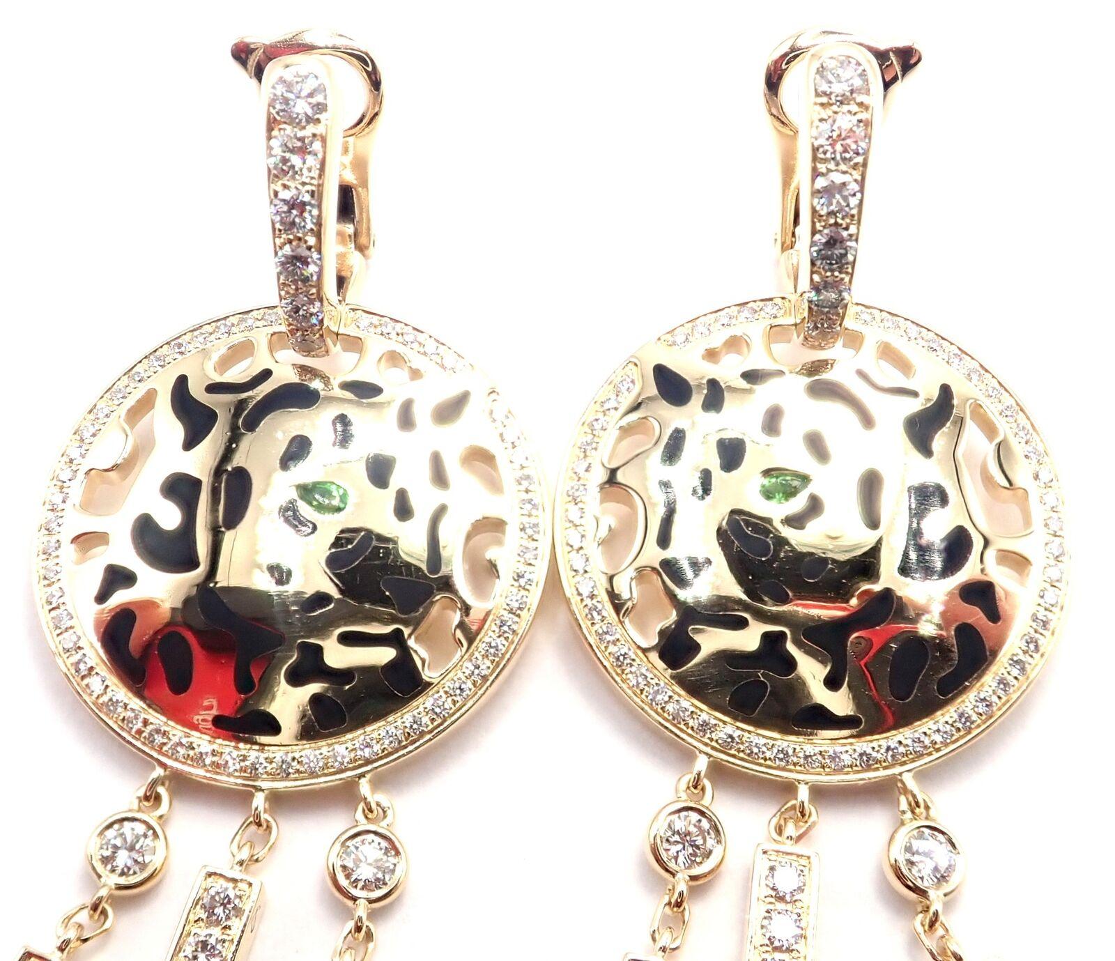 18k Yellow Gold Panther Panthere Lacquer Diamond Tsavorite Garnet Earrings by Cartier. 
With Round Brilliant Cut diamonds VS1 clarity, G color
2 Pear Shape Small Tsavorite Garnets
**** These earrings are for pierced ears.
Details:
Weight: 23.7