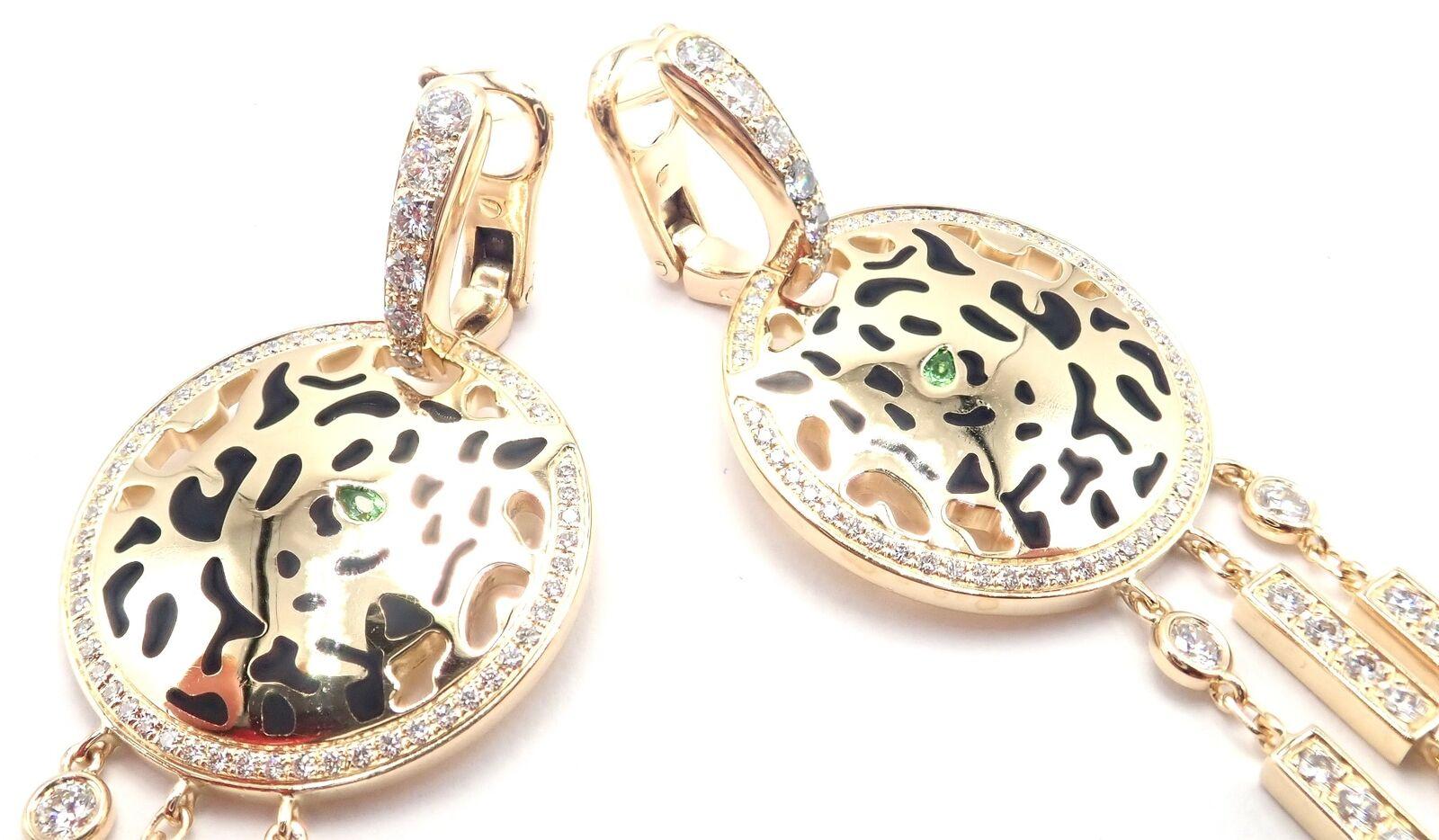 Brilliant Cut Cartier Panther Panthere Diamond Lacquer Tsavorite Yellow Gold Drop Earrings For Sale