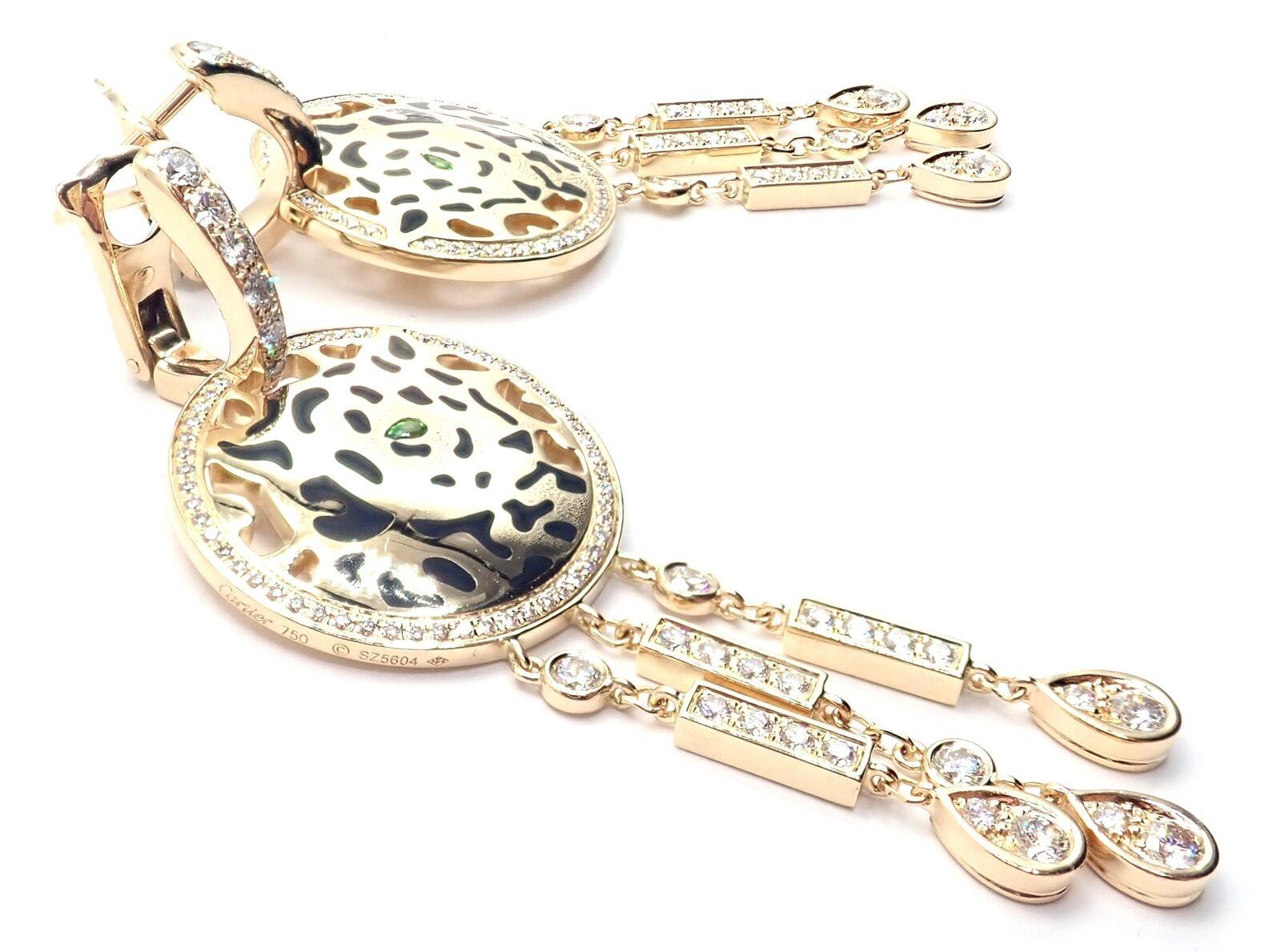 Cartier Panther Panthere Diamond Lacquer Tsavorite Yellow Gold Drop Earrings In Excellent Condition For Sale In Holland, PA