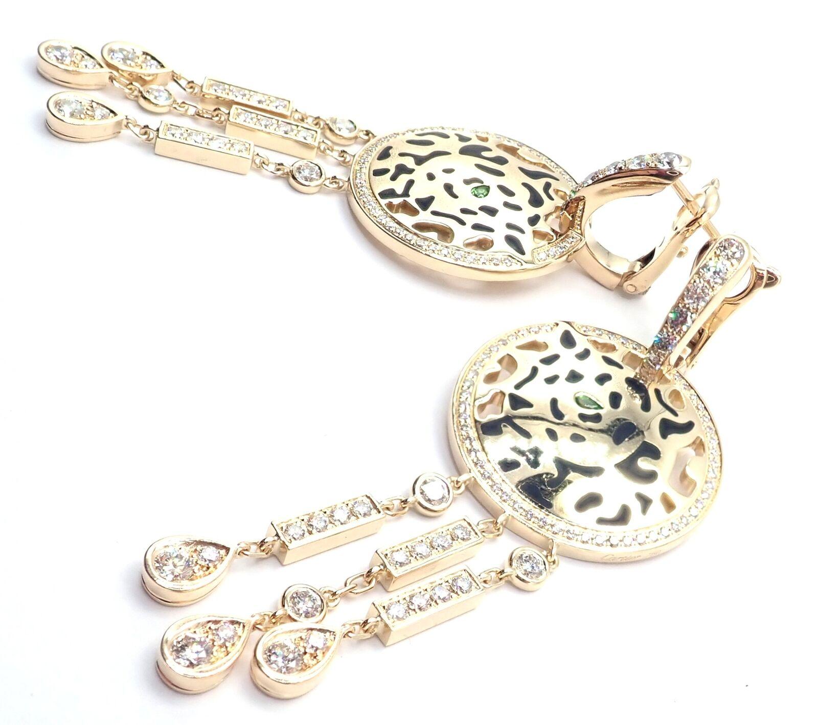 Women's or Men's Cartier Panther Panthere Diamond Lacquer Tsavorite Yellow Gold Drop Earrings For Sale