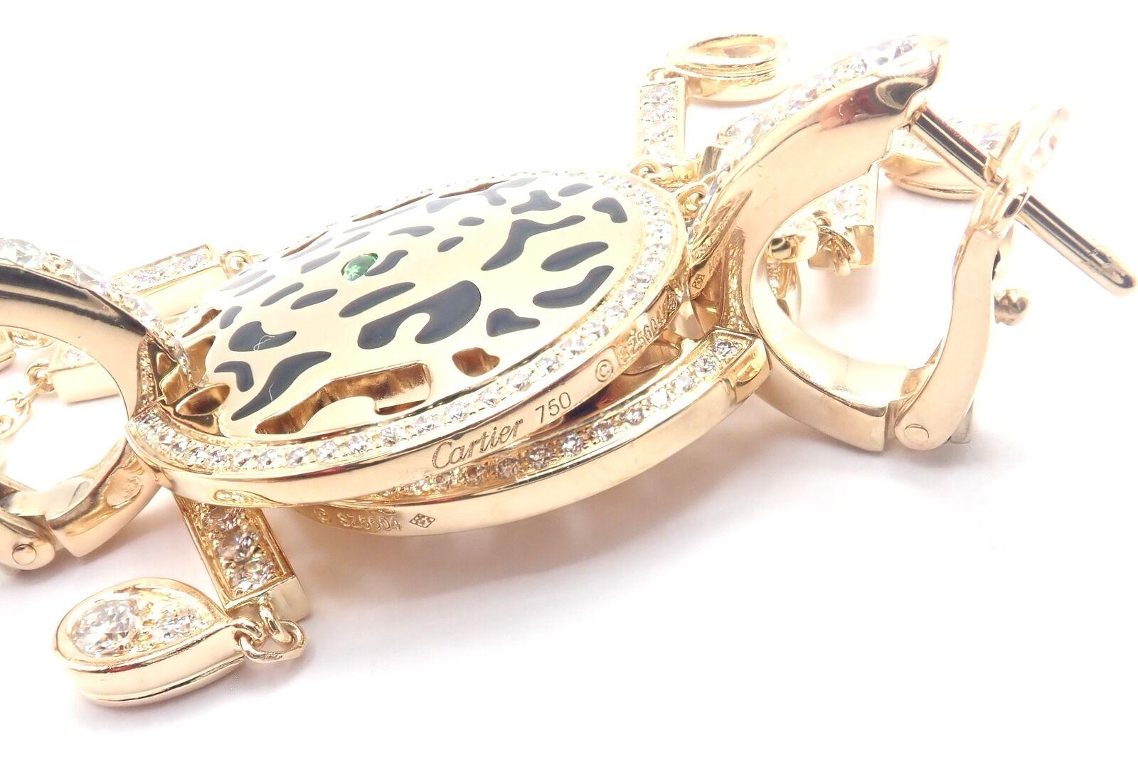 Cartier Panther Panthere Diamond Lacquer Tsavorite Yellow Gold Drop Earrings For Sale 1