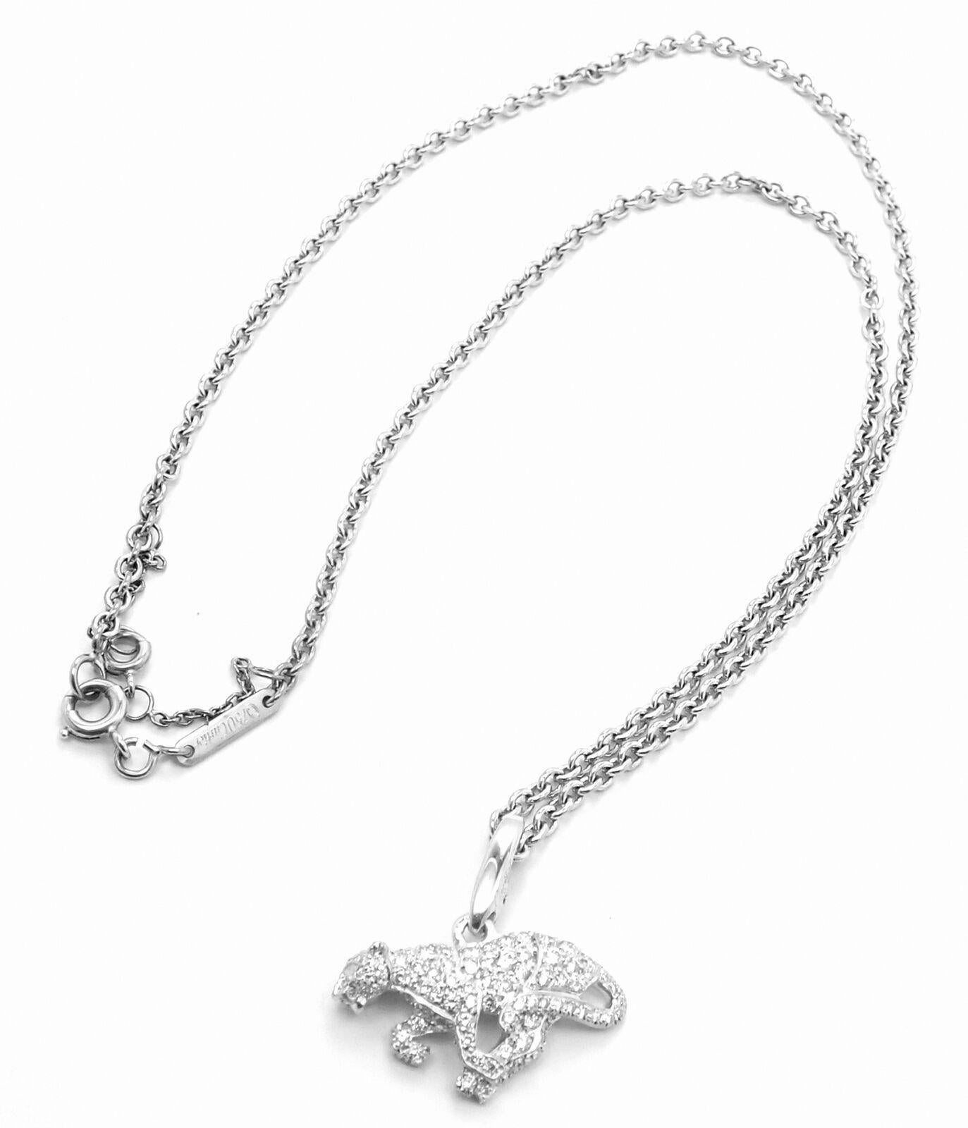 18k White Gold Panther Diamond Pendant Necklace by Cartier. 
Part of the Panthere Collection. 
With Round brilliant cut diamonds VVS1 clarity, E color total weight approx. .50ct
This necklace comes with Cartier certificate of authenticity.
Details: