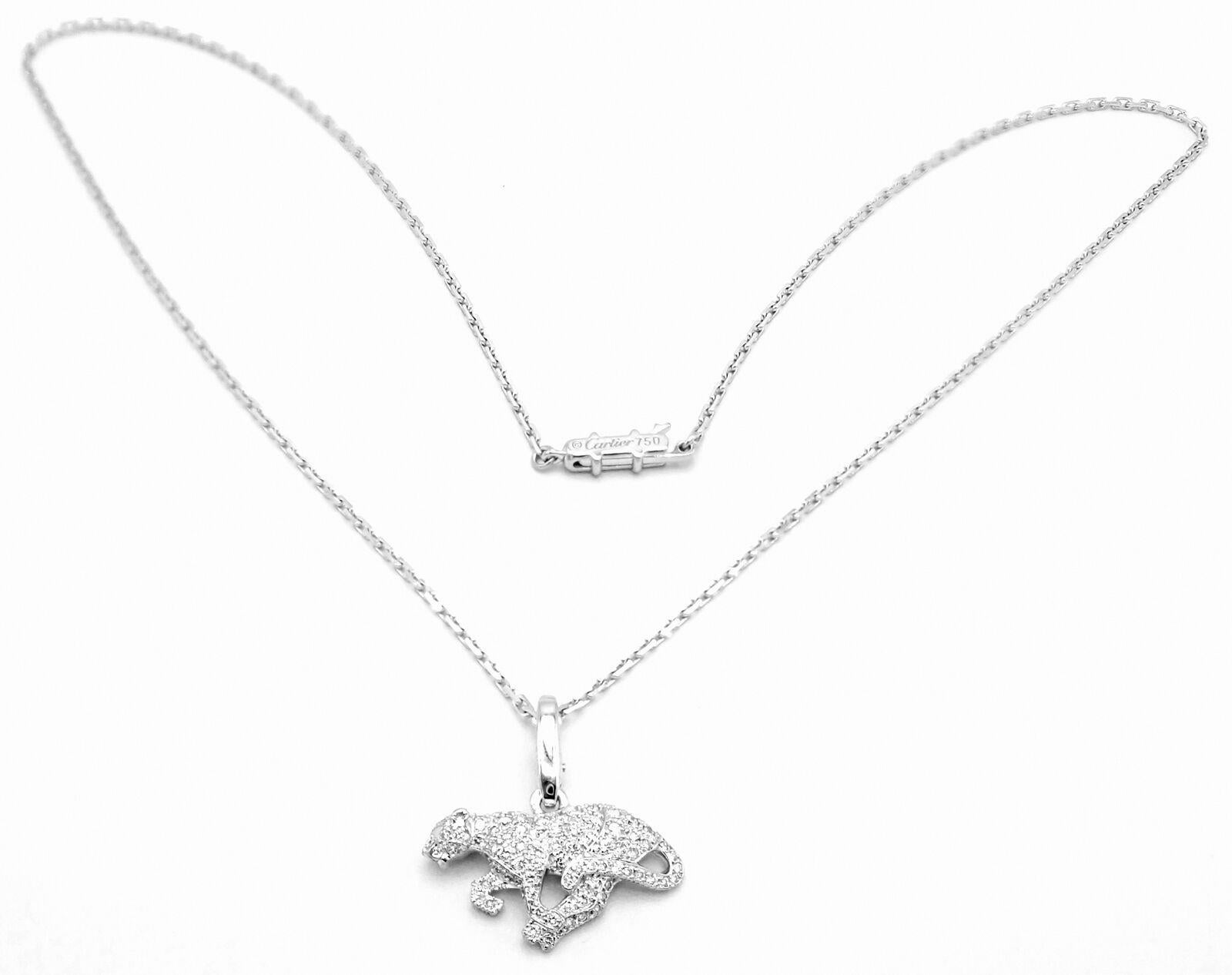 18k White Gold Panther Diamond Pendant Necklace by Cartier. 
Part of the Panthere Collection. 
With Round brilliant cut diamonds VVS1 clarity, E color total weight approx. .50ct
Details: 
Weight: 9.9 grams
Length: 16.5