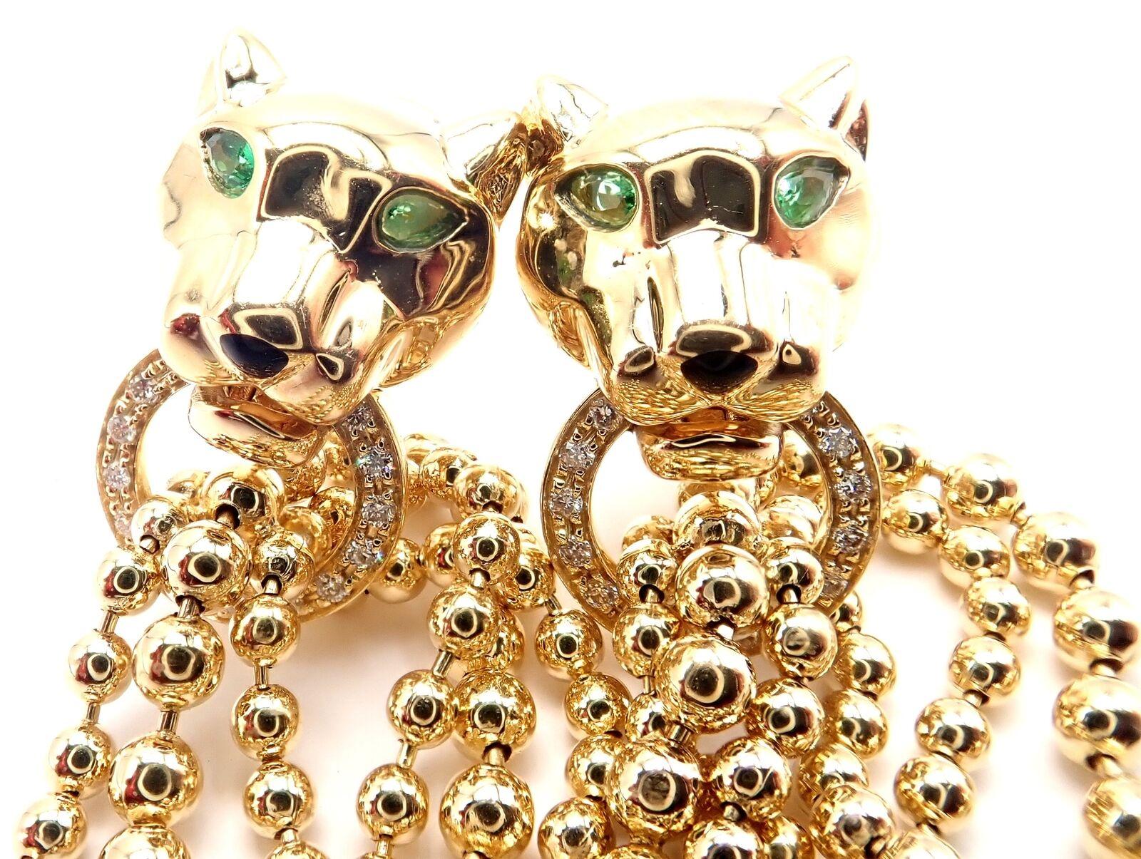 Brilliant Cut Cartier Panther Panthere Diamond Tsavorite Garnet Yellow Gold Earrings For Sale