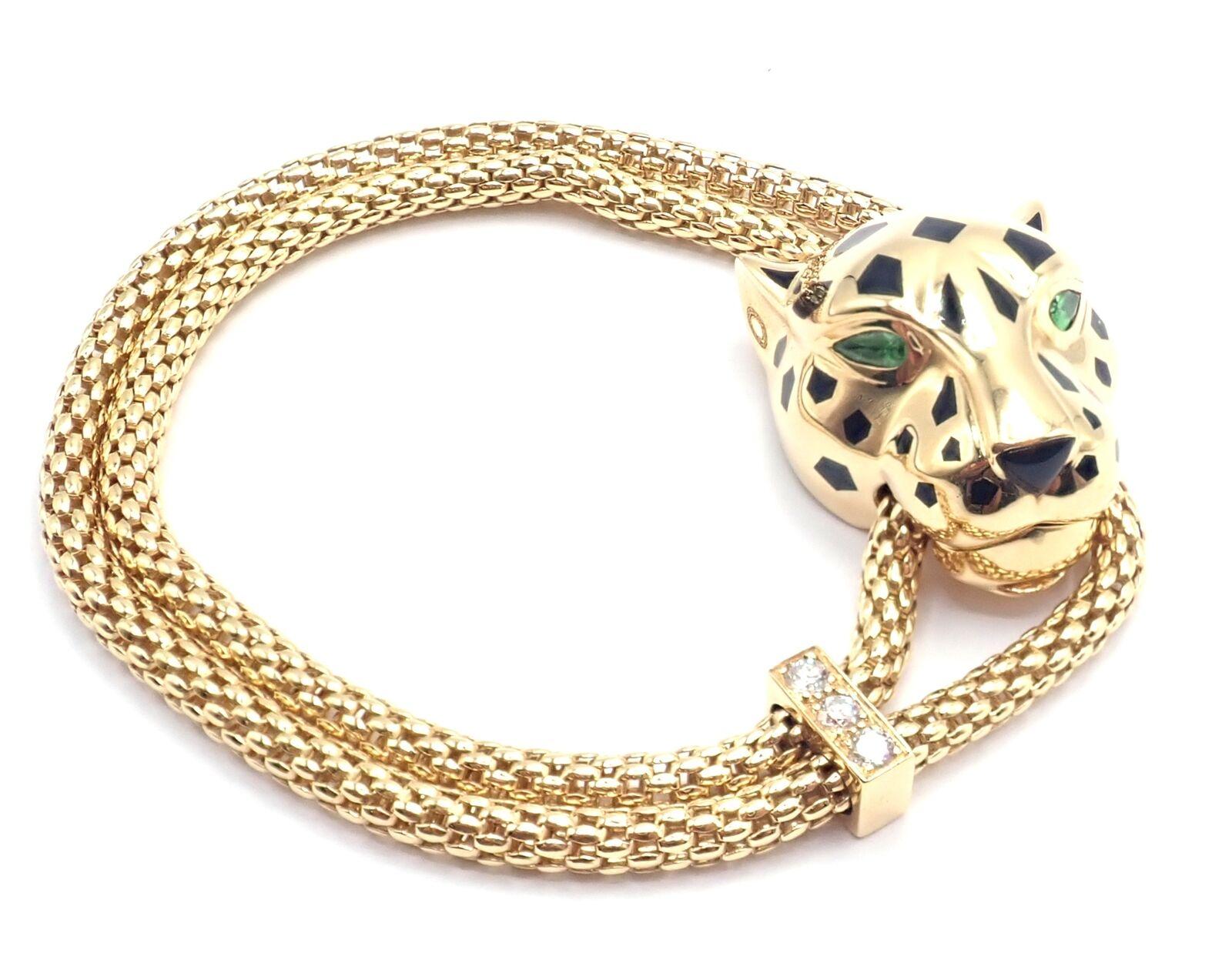 Brilliant Cut Cartier Panther Panthere Diamond Tsavorite Lacquer Yellow Gold Link Bracelet