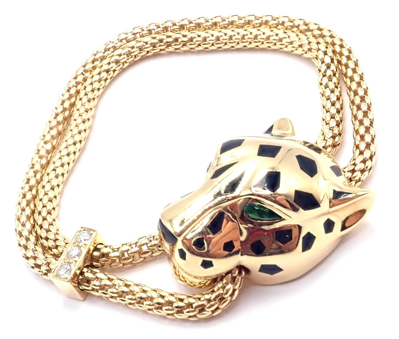 Cartier Panther Panthere Diamond Tsavorite Lacquer Yellow Gold Link Bracelet In Excellent Condition In Southampton, PA