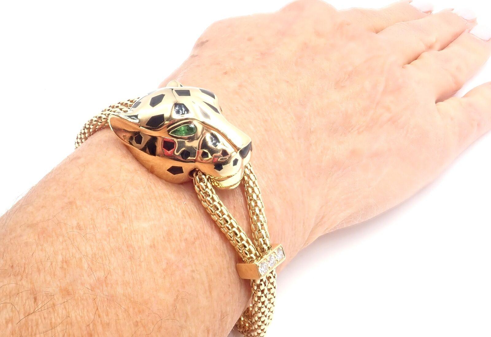 Cartier Panther Panthere Diamond Tsavorite Lacquer Yellow Gold Link Bracelet 3