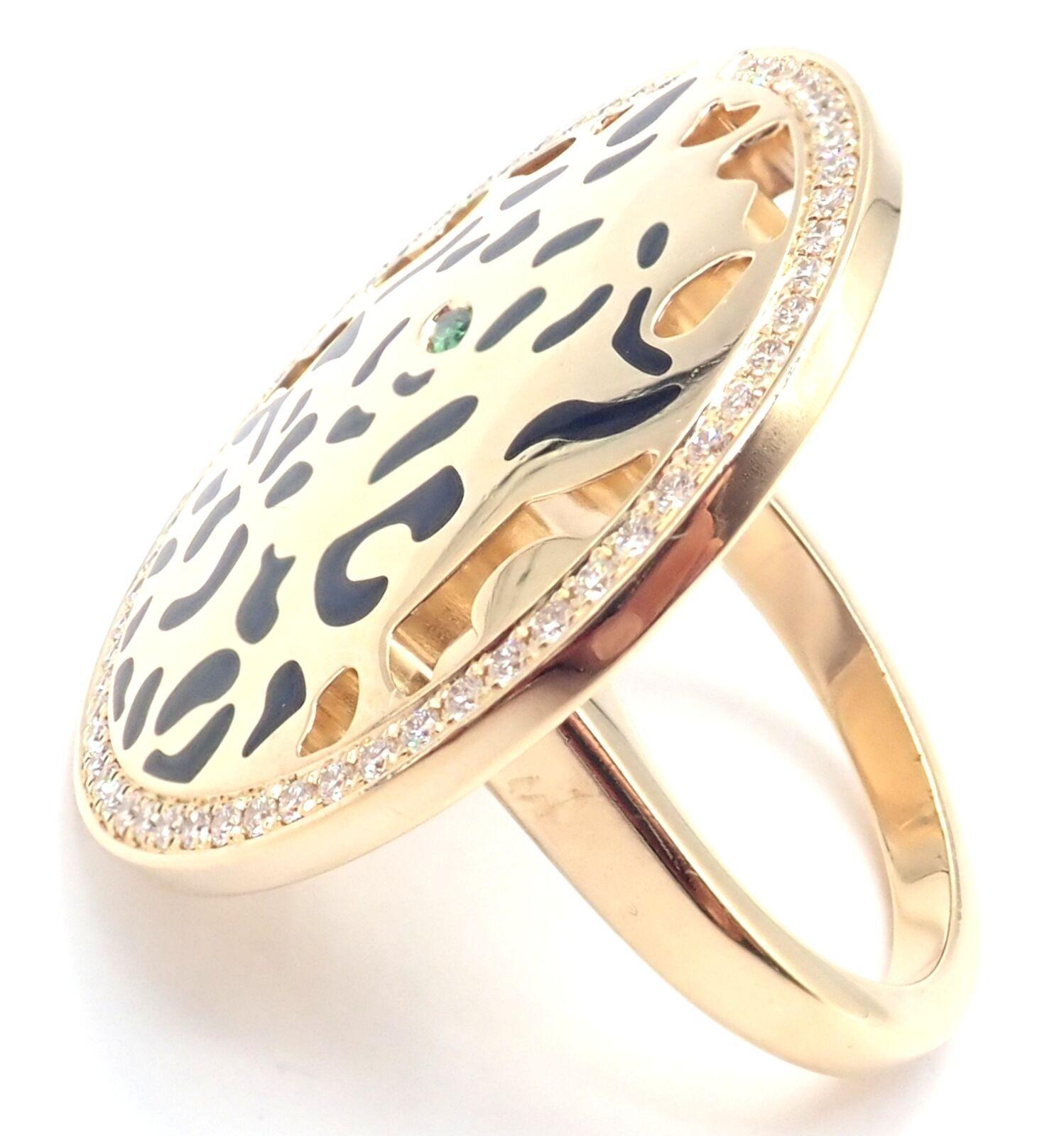 Brilliant Cut Cartier Panther Panthere Diamond Tsavorite Lacquer Yellow Gold Ring For Sale