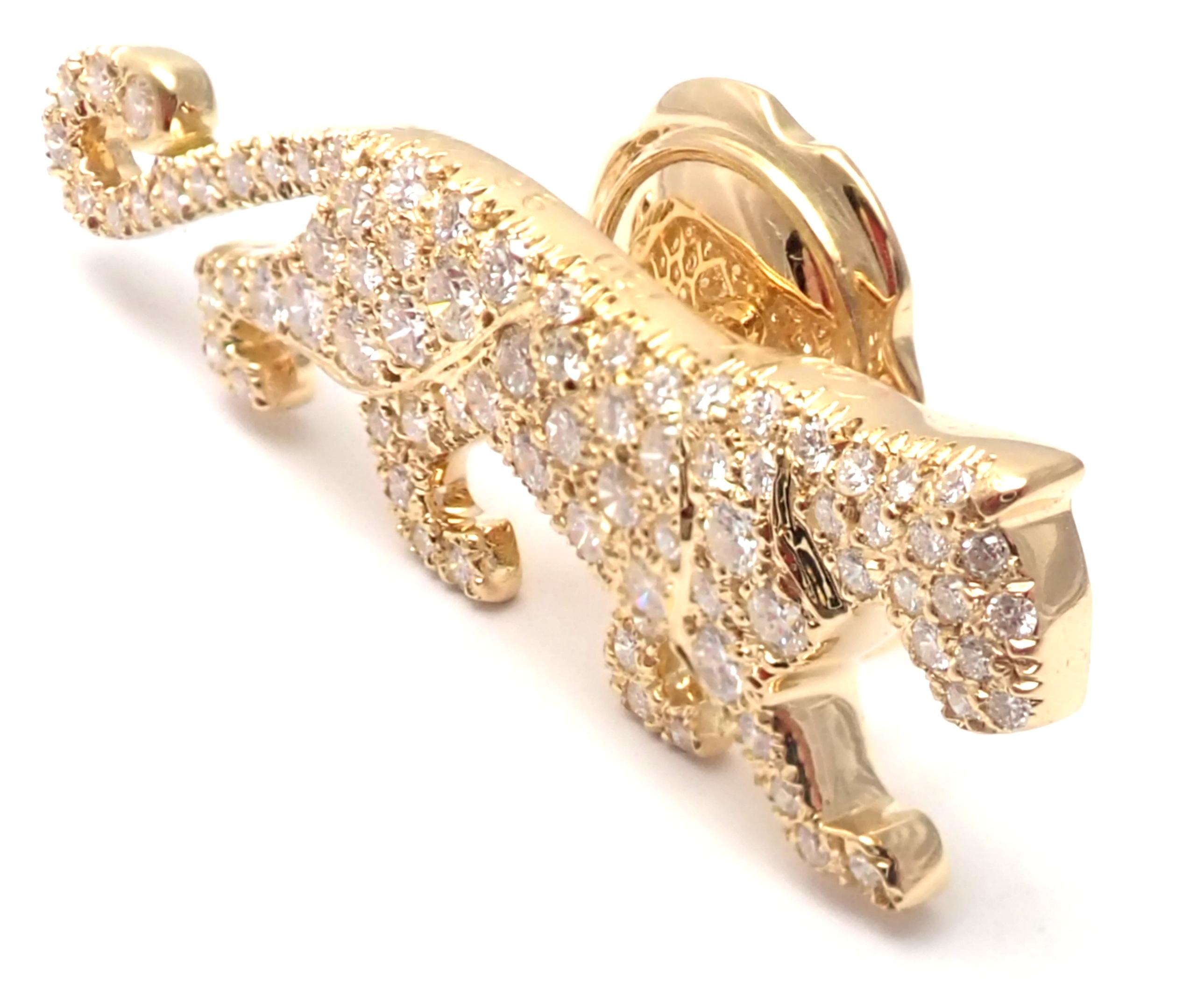 18k Yellow Gold Diamond Panther Tie Lapel Pin by Cartier. 
With Round brilliant cut diamonds VVS1 clarity E color.
This pin comes with Cartier box and Cartier service paper.
Details:
Measurements: 34mm x 11mm
Weight: 4.1 grams
Stamped Hallmarks: