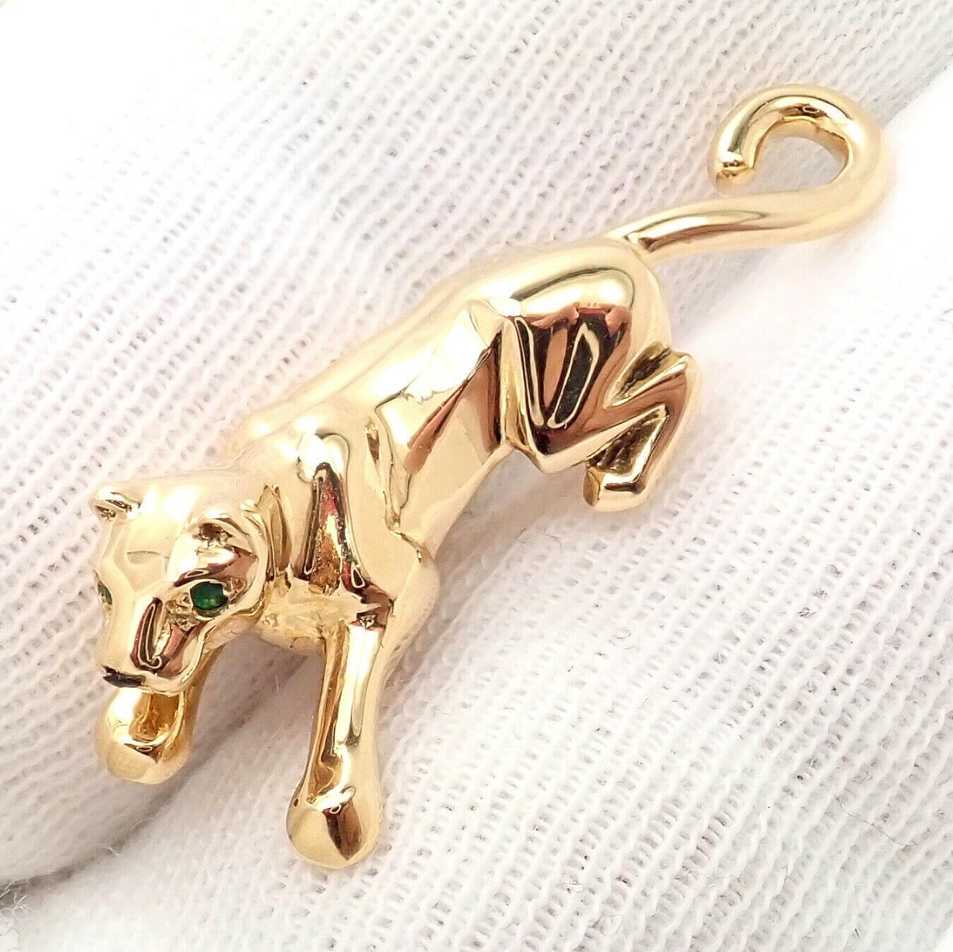 Brilliant Cut Cartier Panther Panthere Emerald Black Onyx Tie Lapel Yellow Gold Pin Brooch For Sale