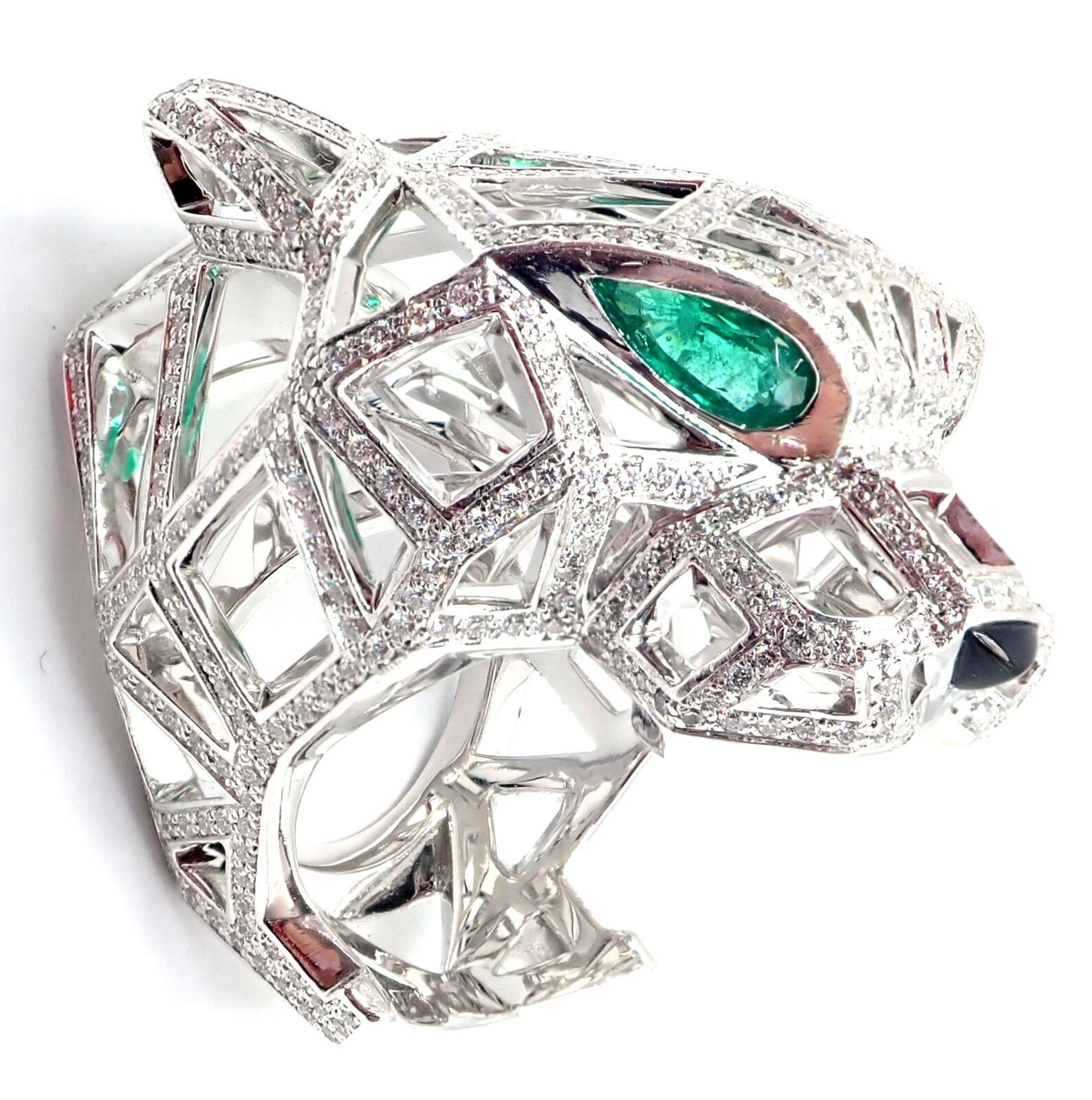 Brilliant Cut Cartier Panther Panthere Emerald Diamond Onyx Paved Large White Gold Ring