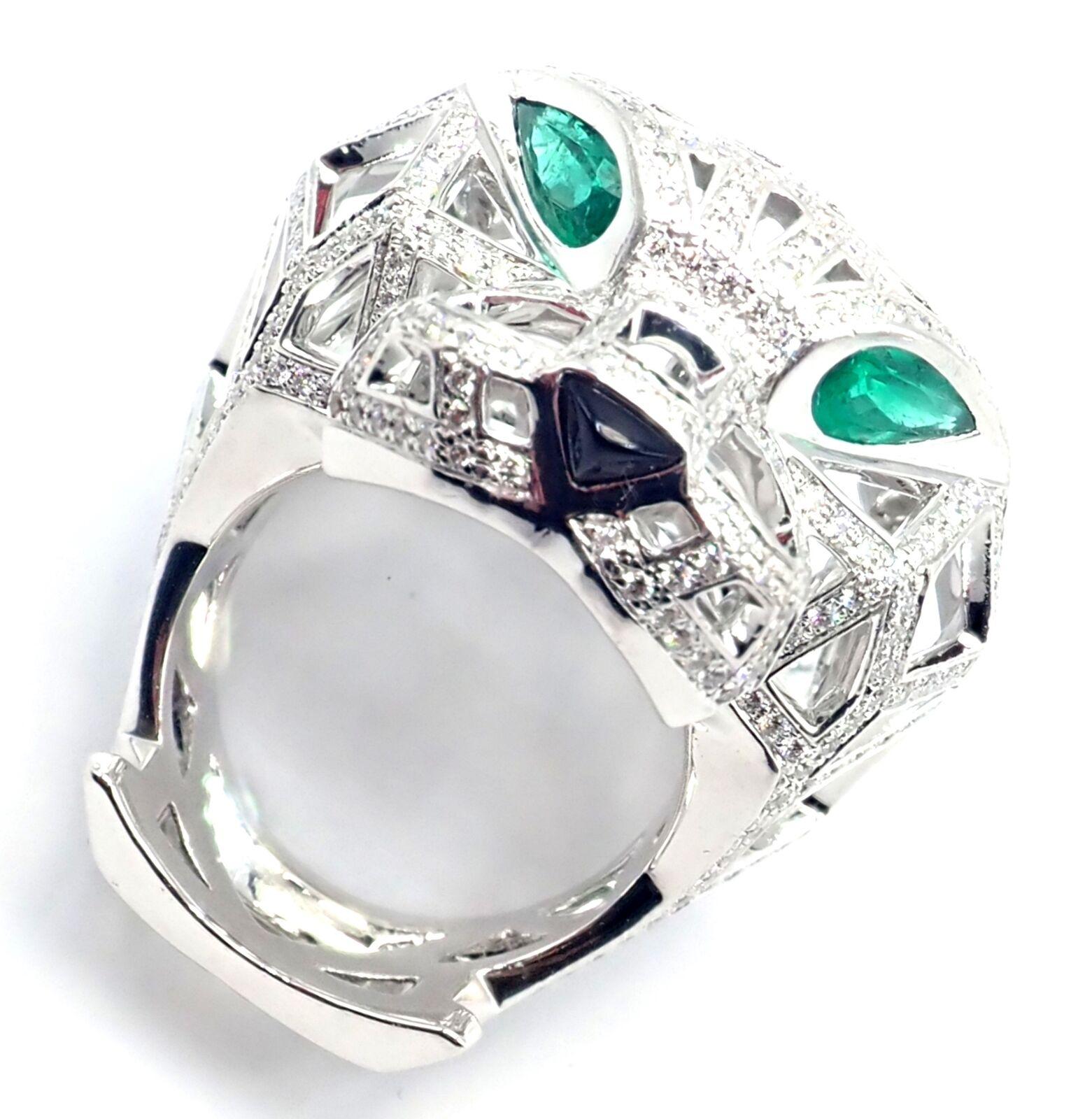 Women's or Men's Cartier Panther Panthere Emerald Diamond Onyx Paved Large White Gold Ring